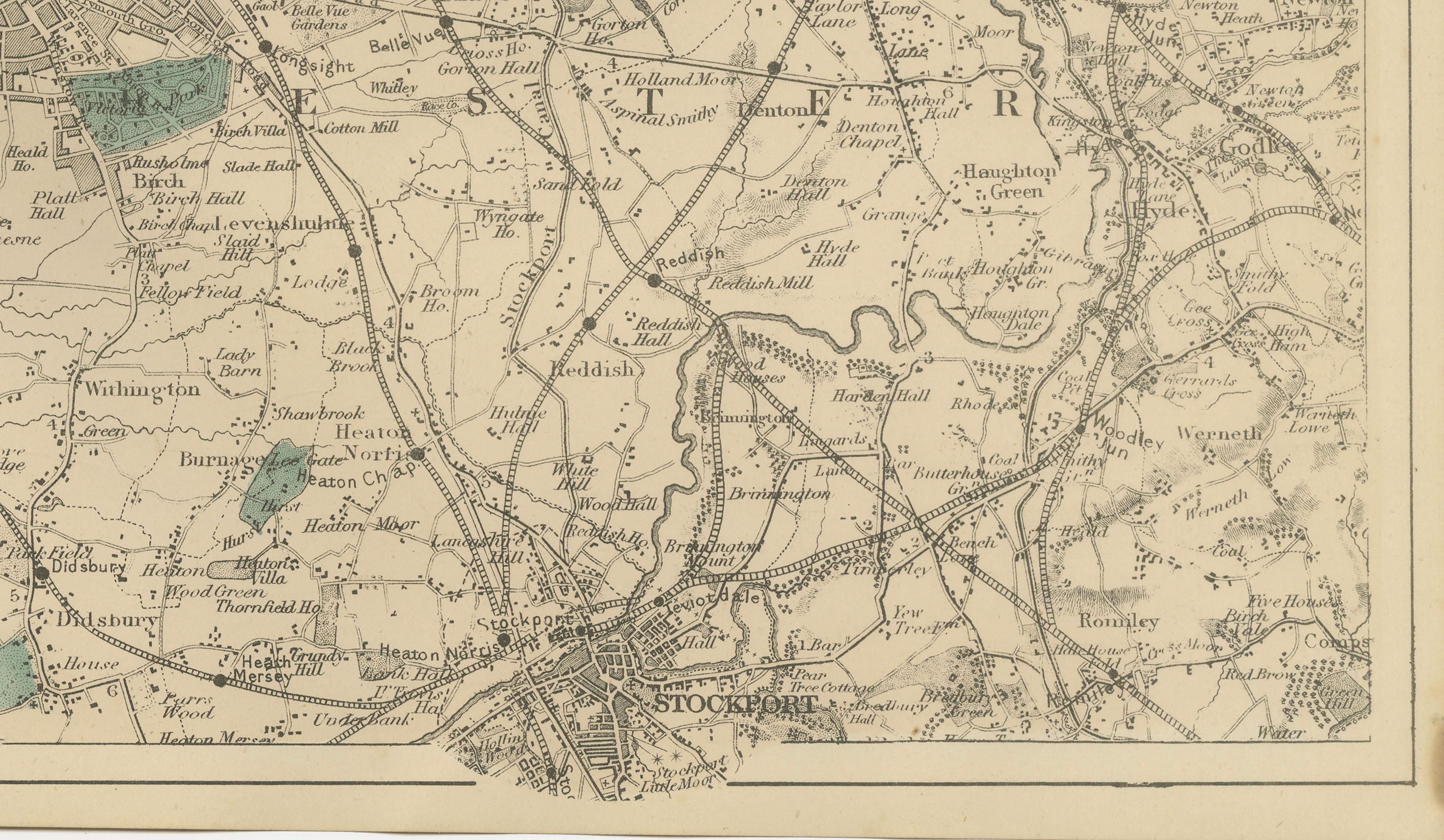 Antique Map of Manchester & Environs, Victorian Industrial Lancashire Map, 1885