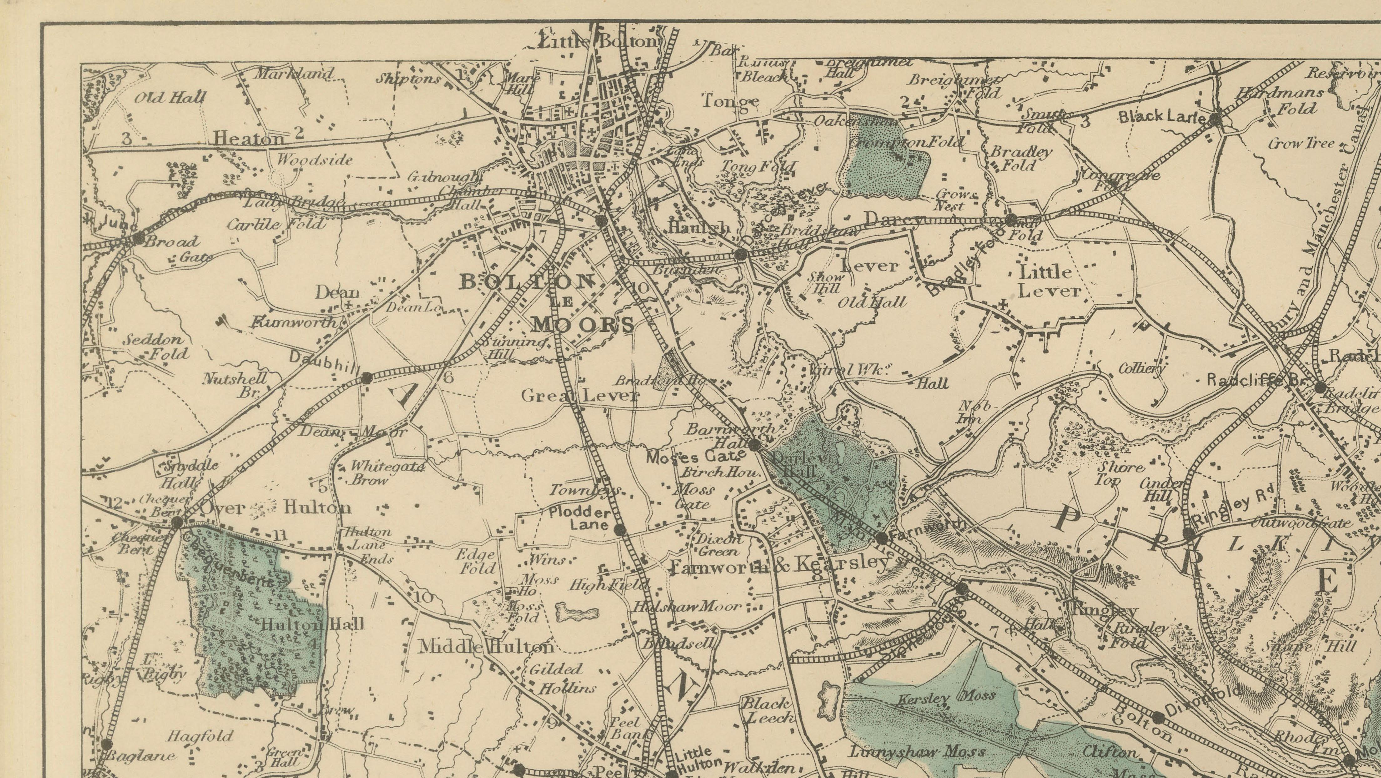 Antique Map of Manchester & Environs, Victorian Industrial Lancashire Map, 1885