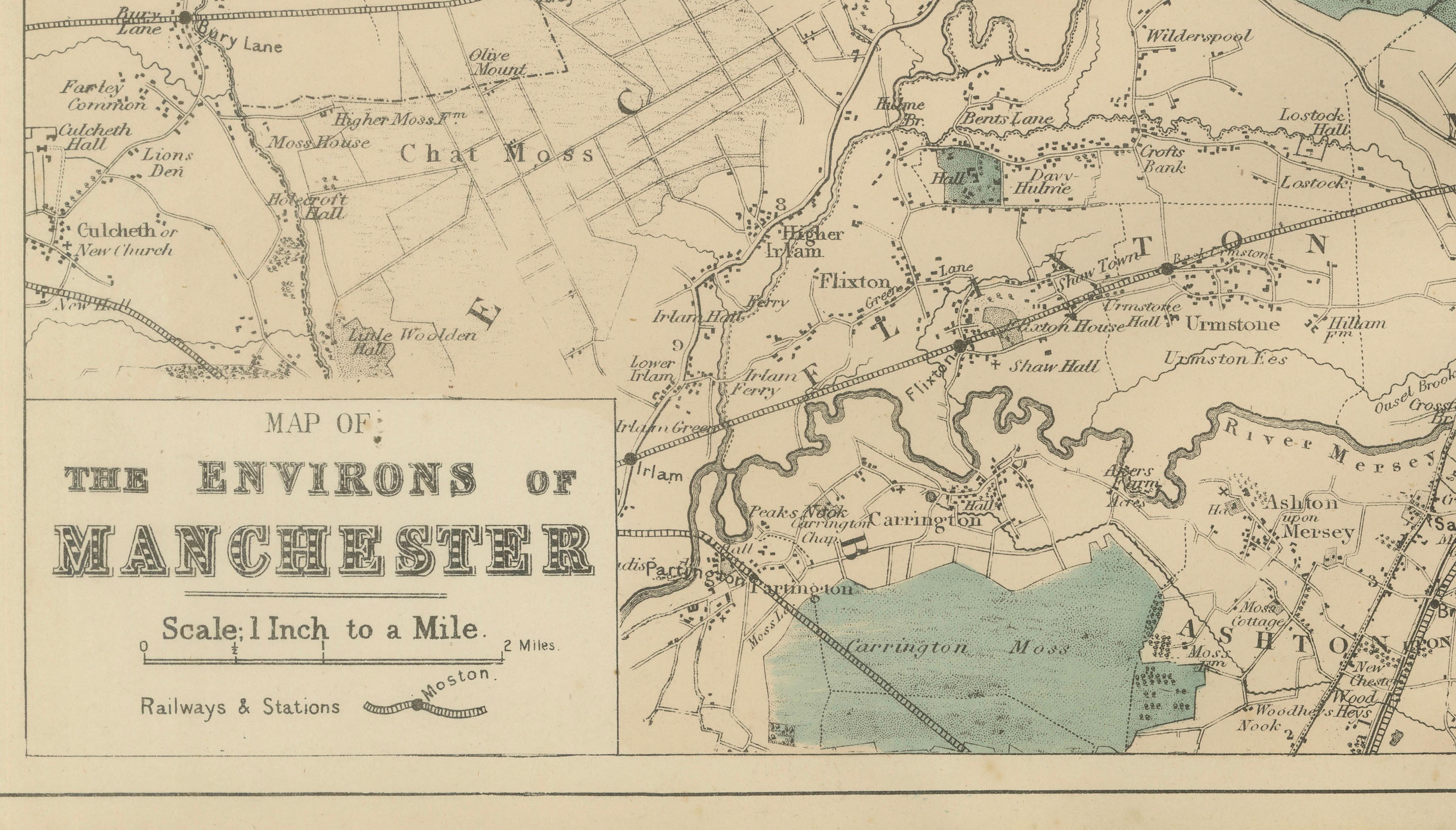 Antique Map of Manchester & Environs, Victorian Industrial Lancashire Map, 1885