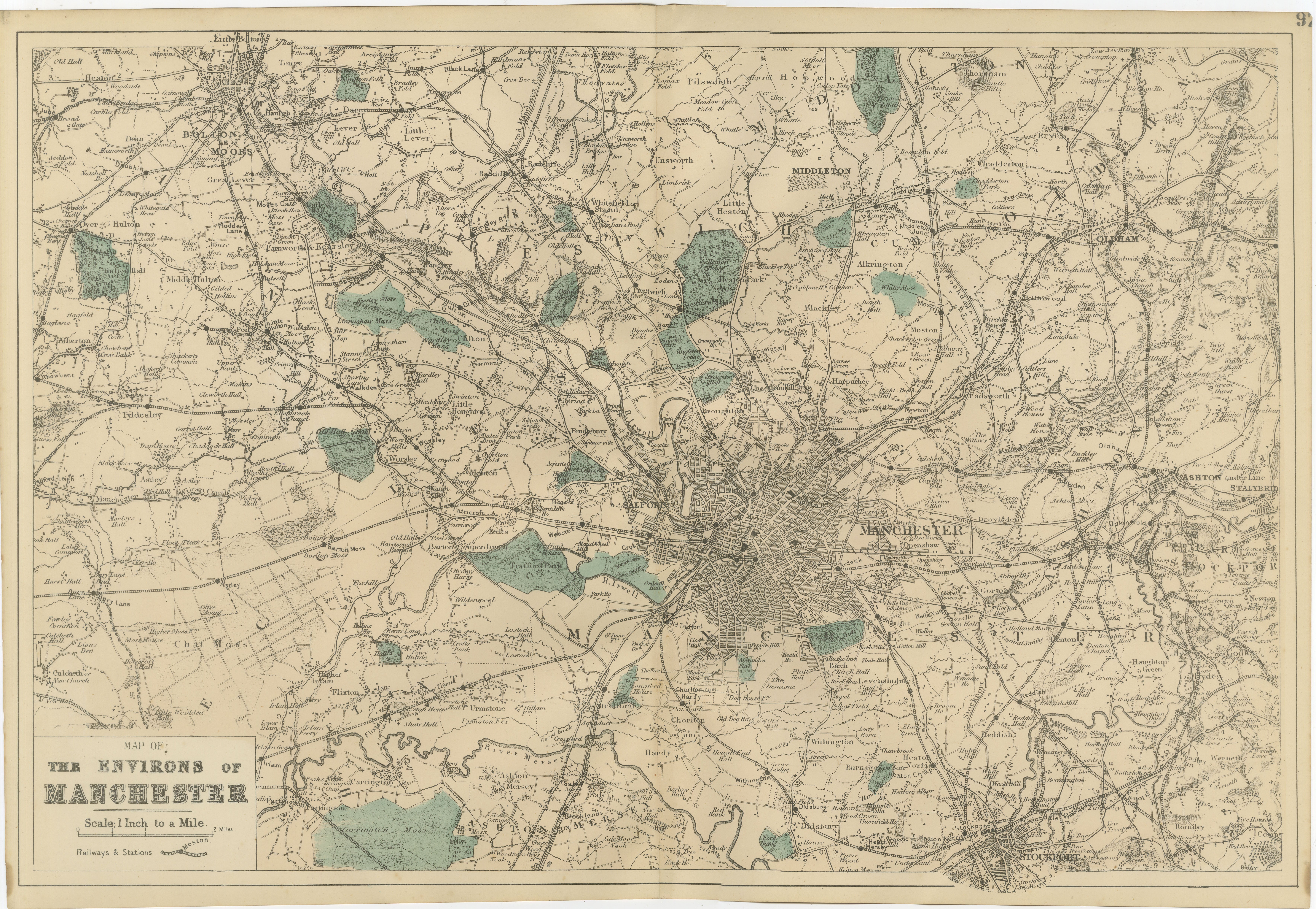 Antique Map of Manchester & Environs, Victorian Industrial Lancashire Map, 1885