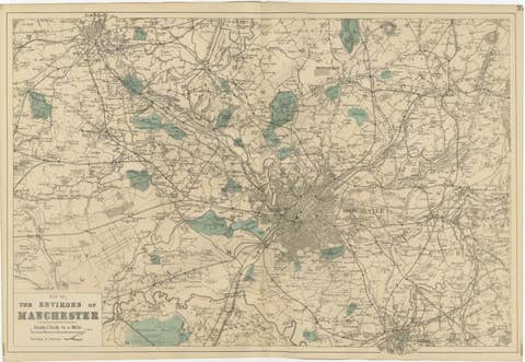 Antique Map of Manchester & Environs, Victorian Industrial Lancashire Map, 1885
