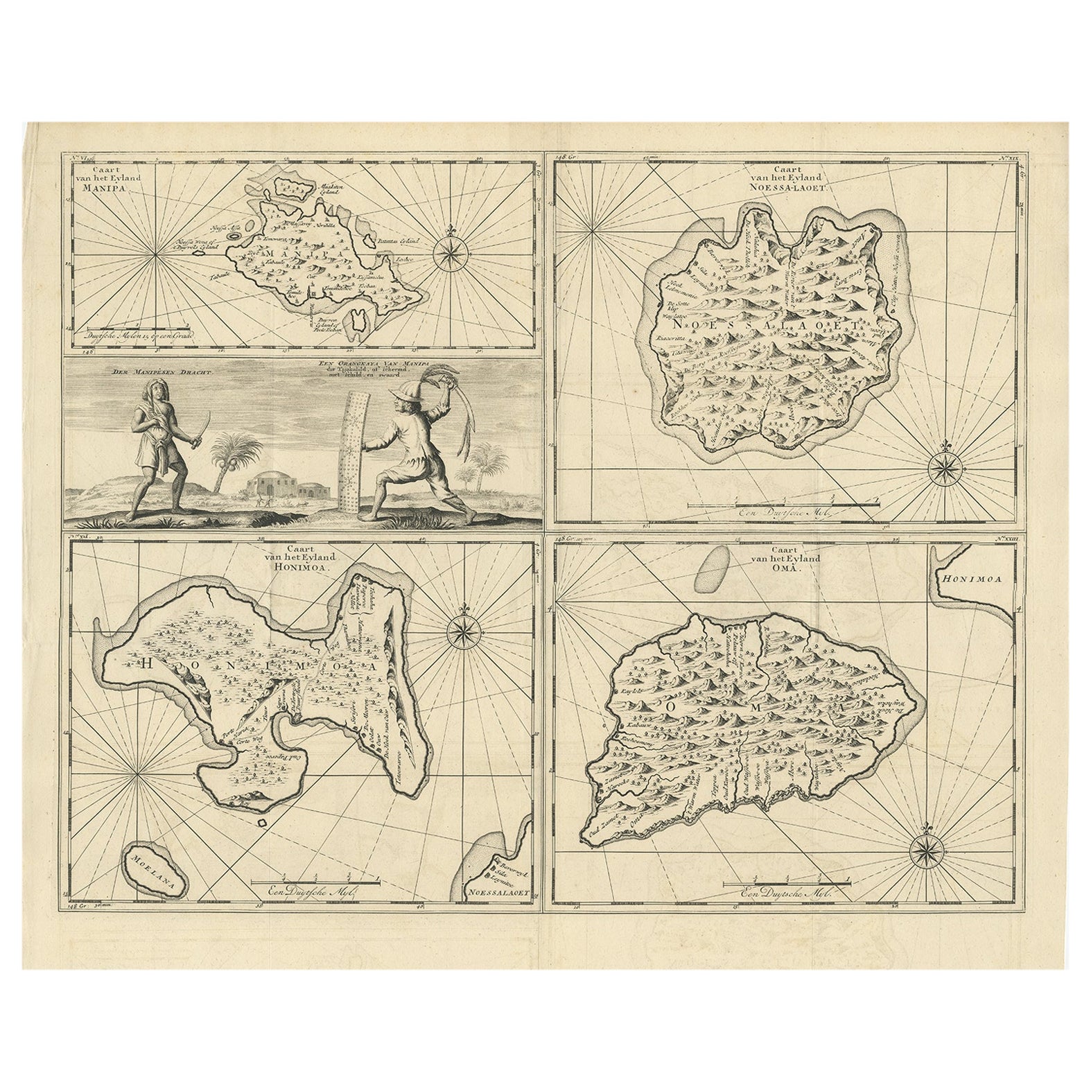Carte ancienne de Manipa et d'autres îles de Maluku, Indonésie, 1726