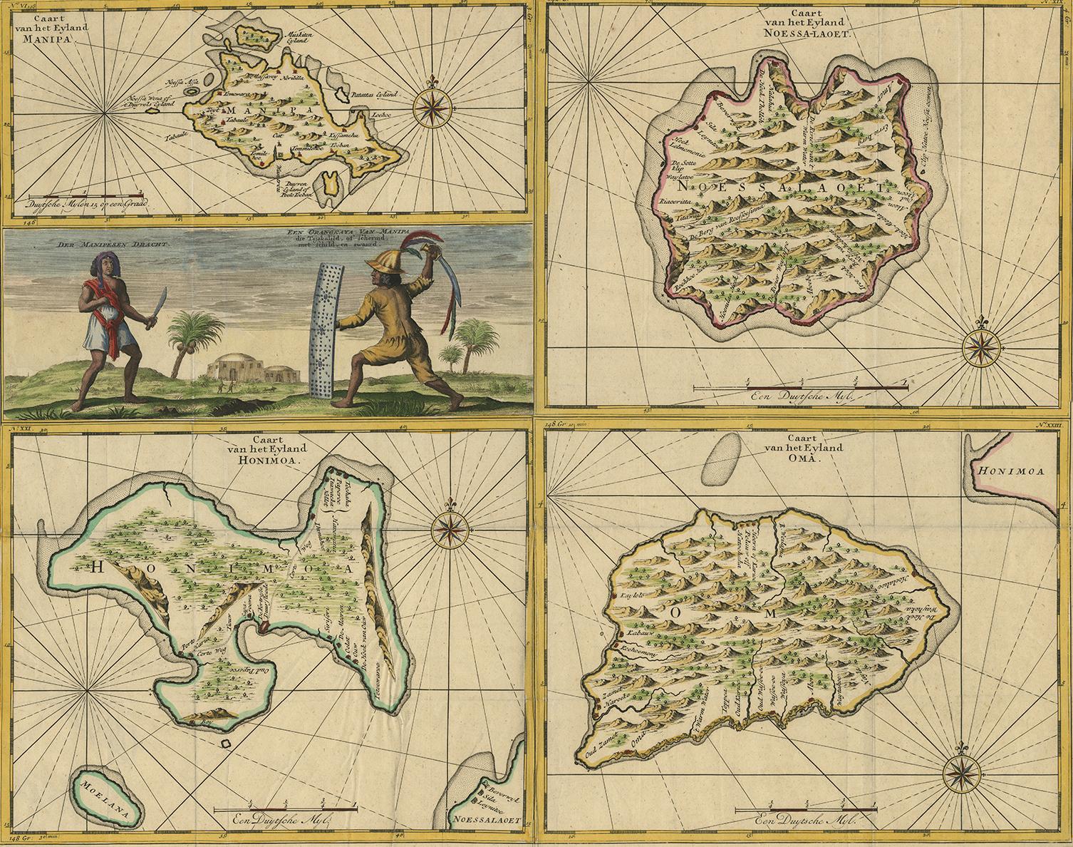 Four maps of islands and two figures in native dress. The islands are: Manipa, Nusa-Laut (Noessa-Laoet), Saparua (Honimoa) and Haruku (Oma). These islands are all part of the Maluku Province of Indonesia, in the Pacific Ocean.