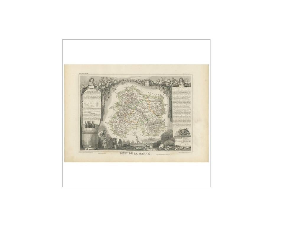Antique Map of Marne ‘France’ by V. Levasseur, 1854 In Good Condition For Sale In Langweer, NL