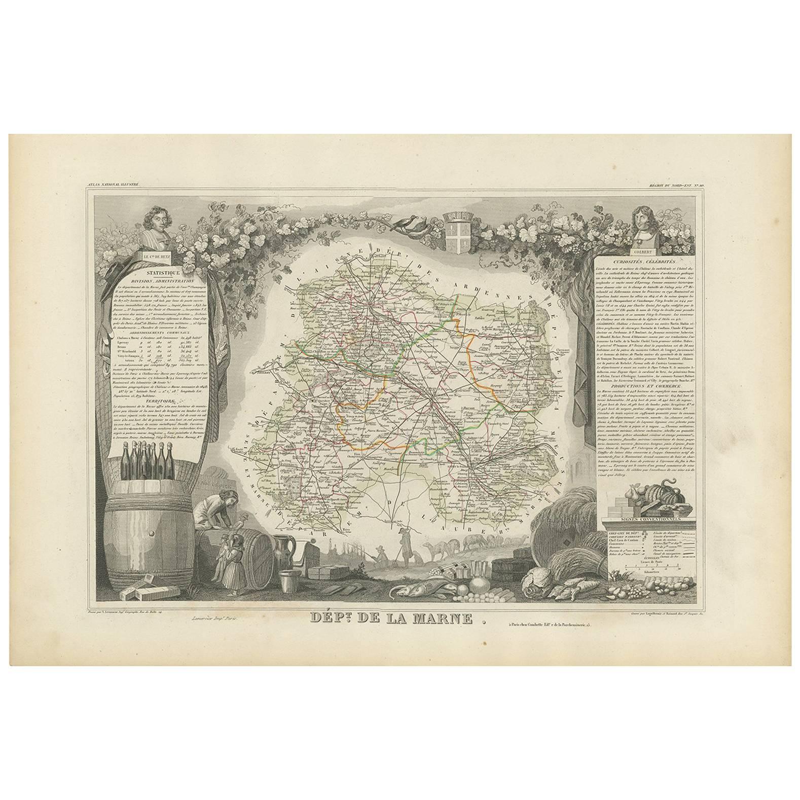 Antike Karte der Marne „Frankreich“ von V. Levasseur, 1854