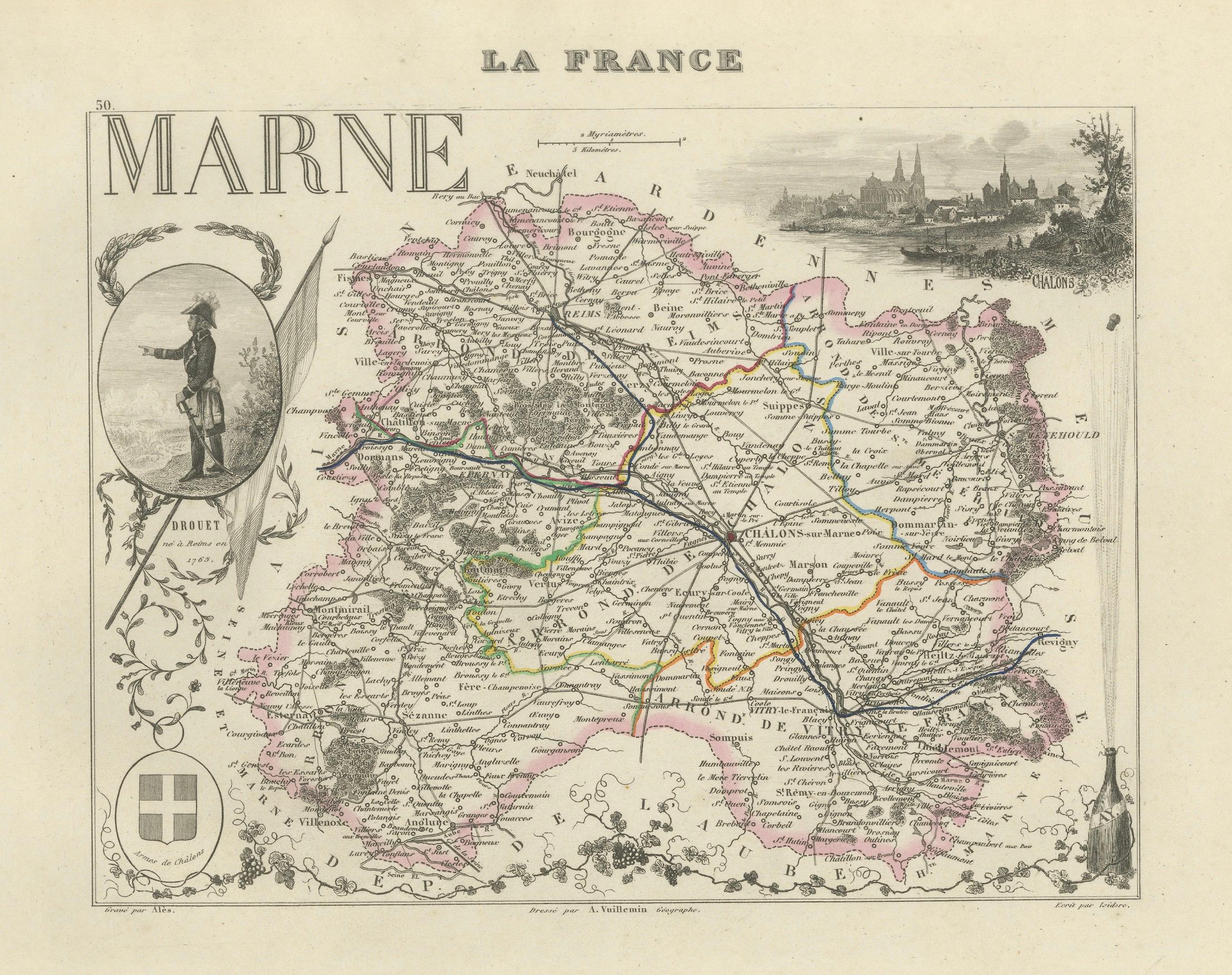 Carte ancienne de la Marne, France - Gravée par Levasseur, 1850s

Cette carte gravée du département de la Marne, dans le nord-est de la France, a été créée par le célèbre cartographe Victor Levasseur et imprimée par A. Vuillemin. Il fait partie de