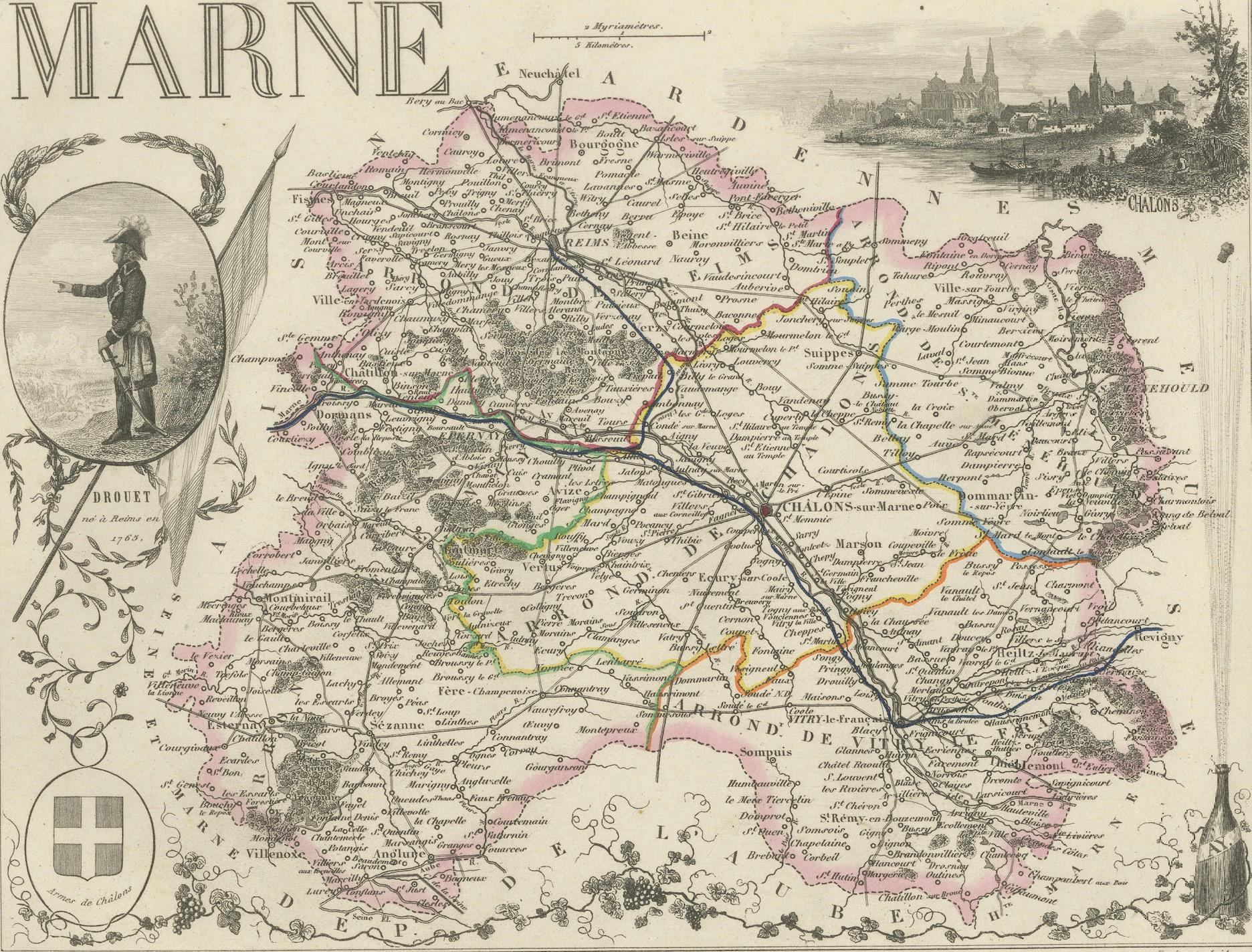 Français Carte ancienne de la Marne, France - Gravée par Levasseur, 1850s en vente