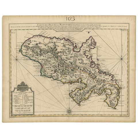 Antique Map of Martinique, Showing Roads, Houses, Sugar Plantations, etc. c.1750