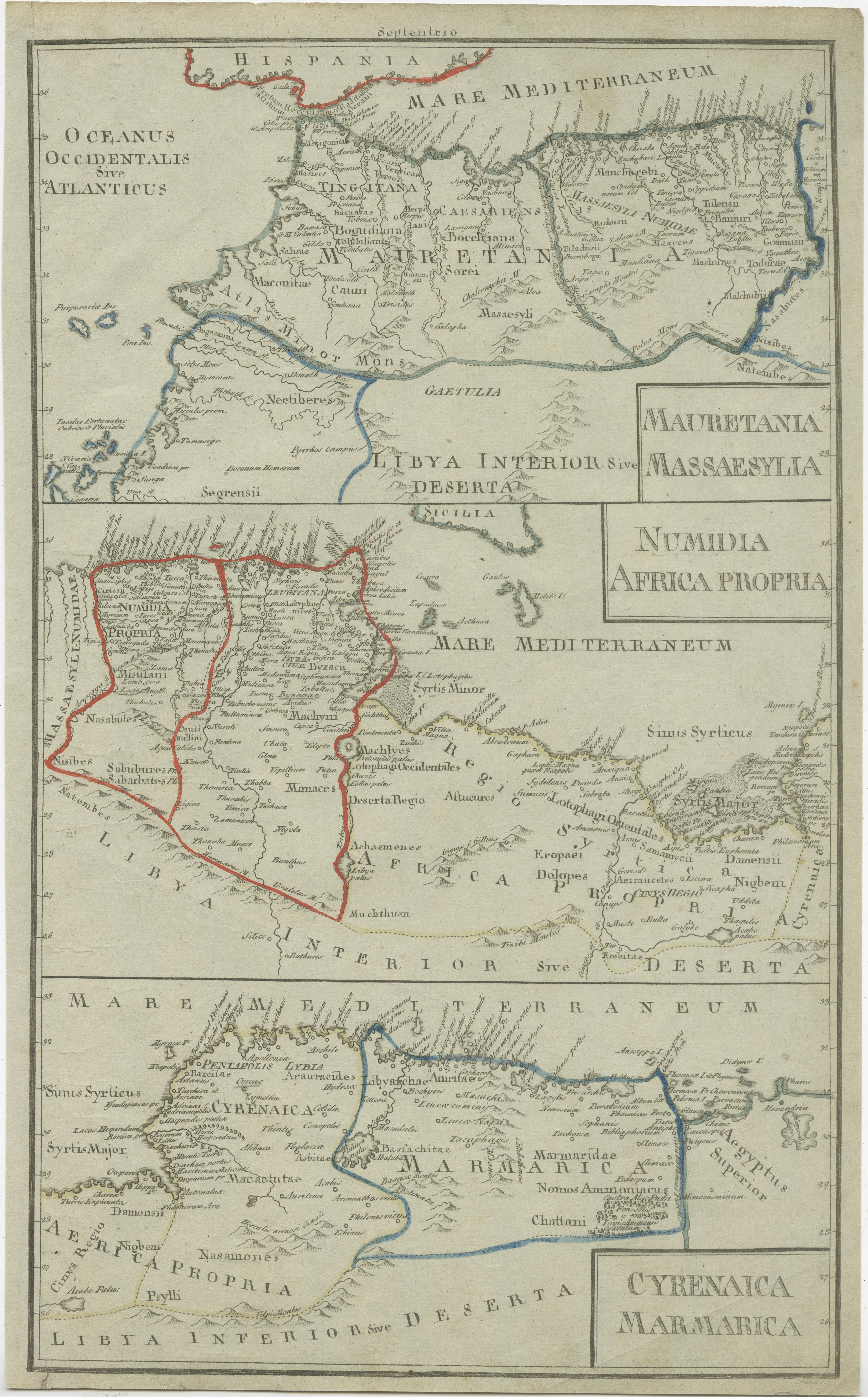 Trois cartes sur une seule feuille représentant la Mauritanie, la Massaesylia, la Numidie, la Tunisie, la Cyrénaïque et la Marmarica (ancienne Libye). Cette carte provient du 