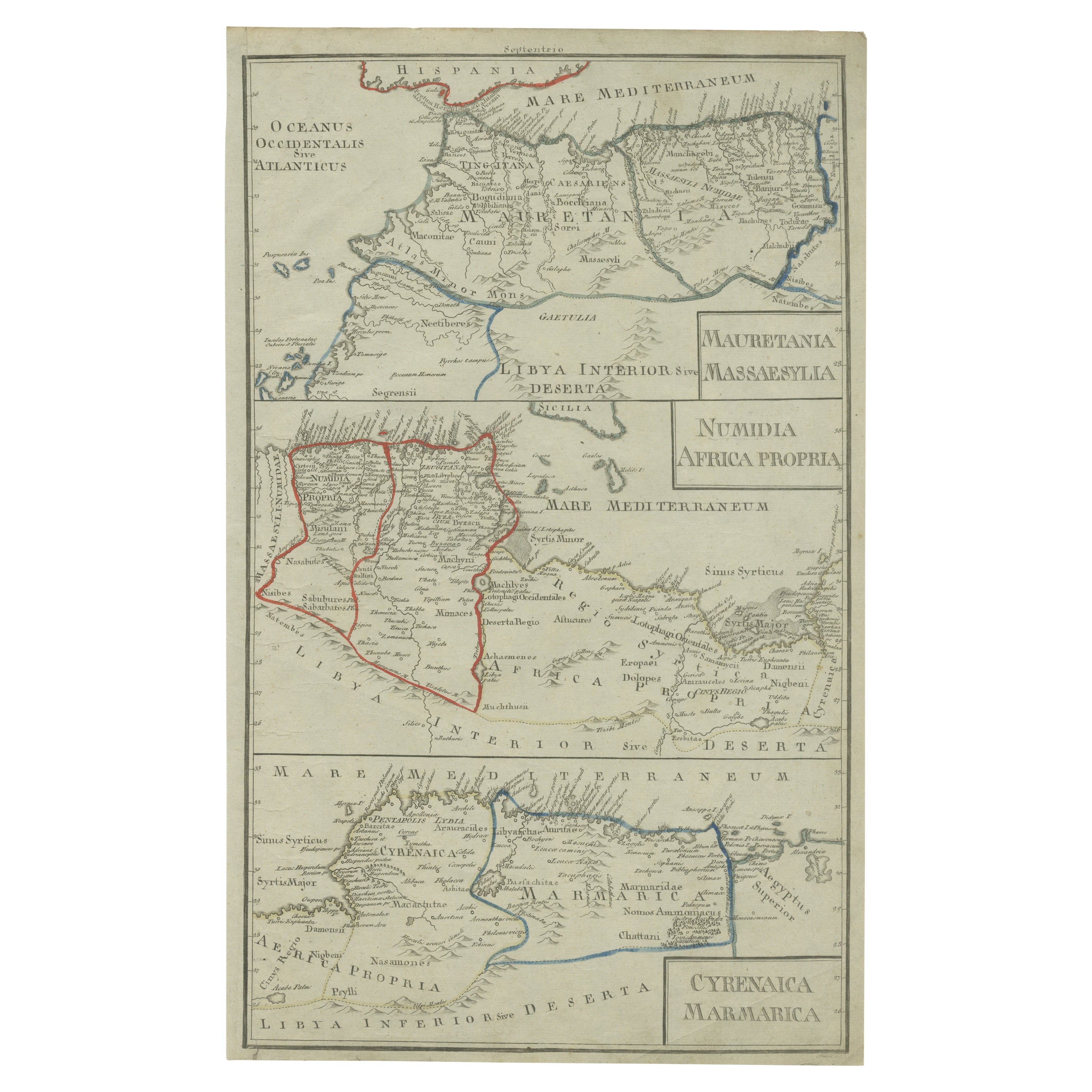 Carte ancienne de Mauritania, Massaesylia, Numidia, Tunisie, Cyrenaica et Marmarica en vente