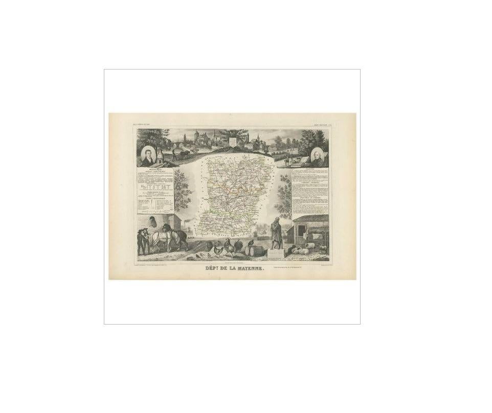 Antique map titled 'Dépt. de la Mayenne'. Map of the French department of Mayenne, France. This area is part of the Loire Valley wine region. The map is surrounded by elaborate decorative engravings designed to illustrate both the natural beauty and
