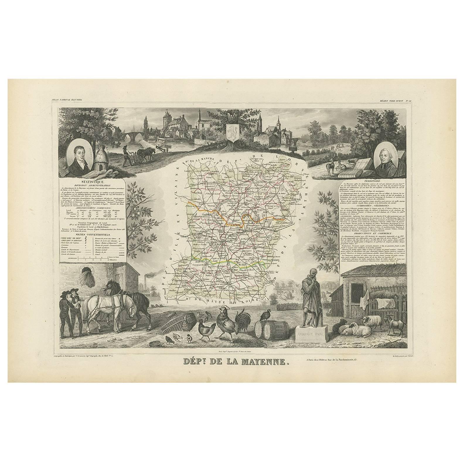Antique Map of Mayenne ‘France’ by V. Levasseur, 1854 For Sale