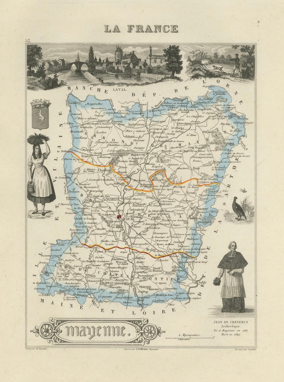Carte ancienne de la Mayenne - Gravure coloriée à la main par Levasseur, France c.1850

Cette carte gravée finement détaillée du 19e siècle du département de la Mayenne, dans le nord-ouest de la France, a été créée par l'estimé cartographe français