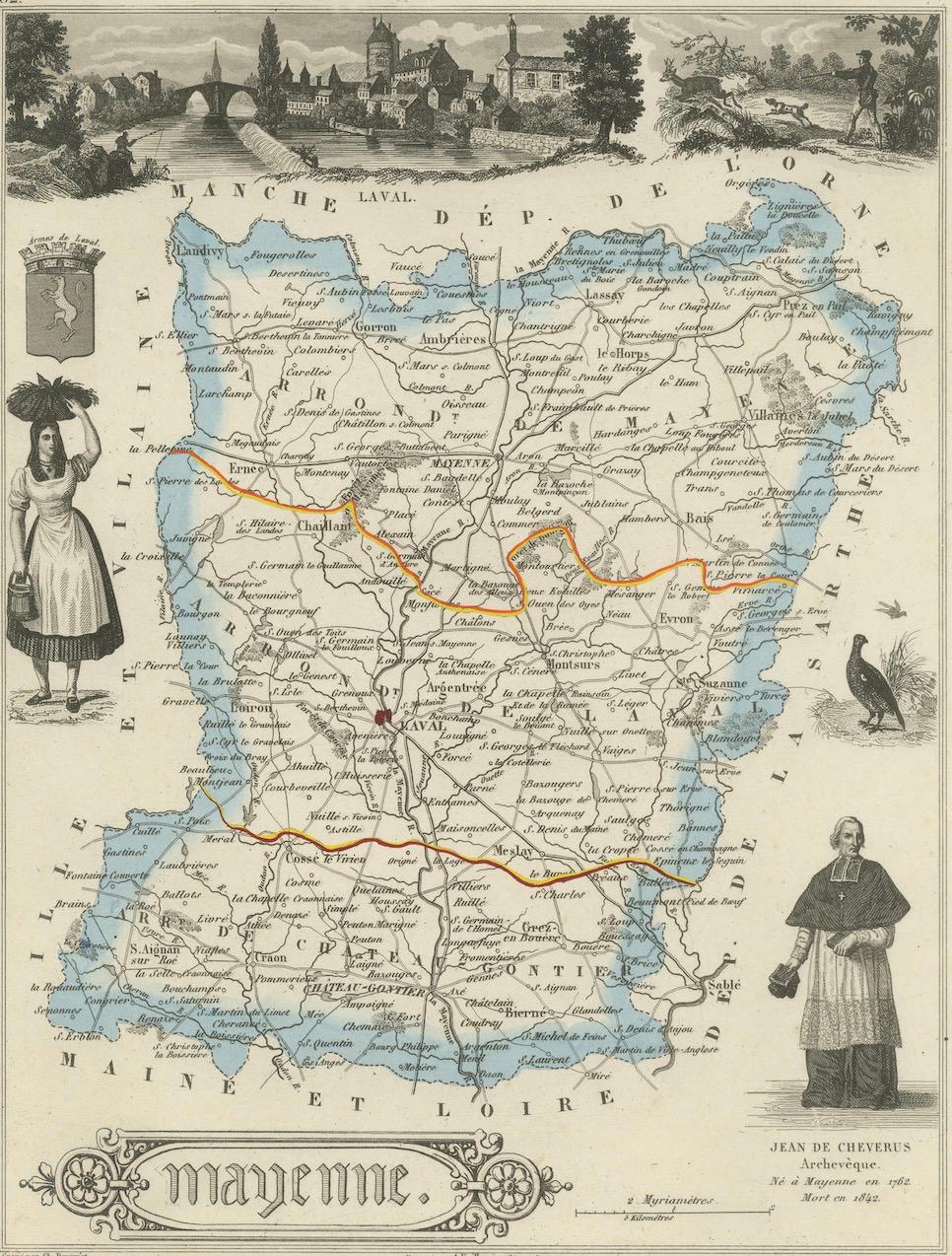 Français Carte ancienne de la Mayenne - Gravure coloriée à la main par Levasseur, France c.1850 en vente
