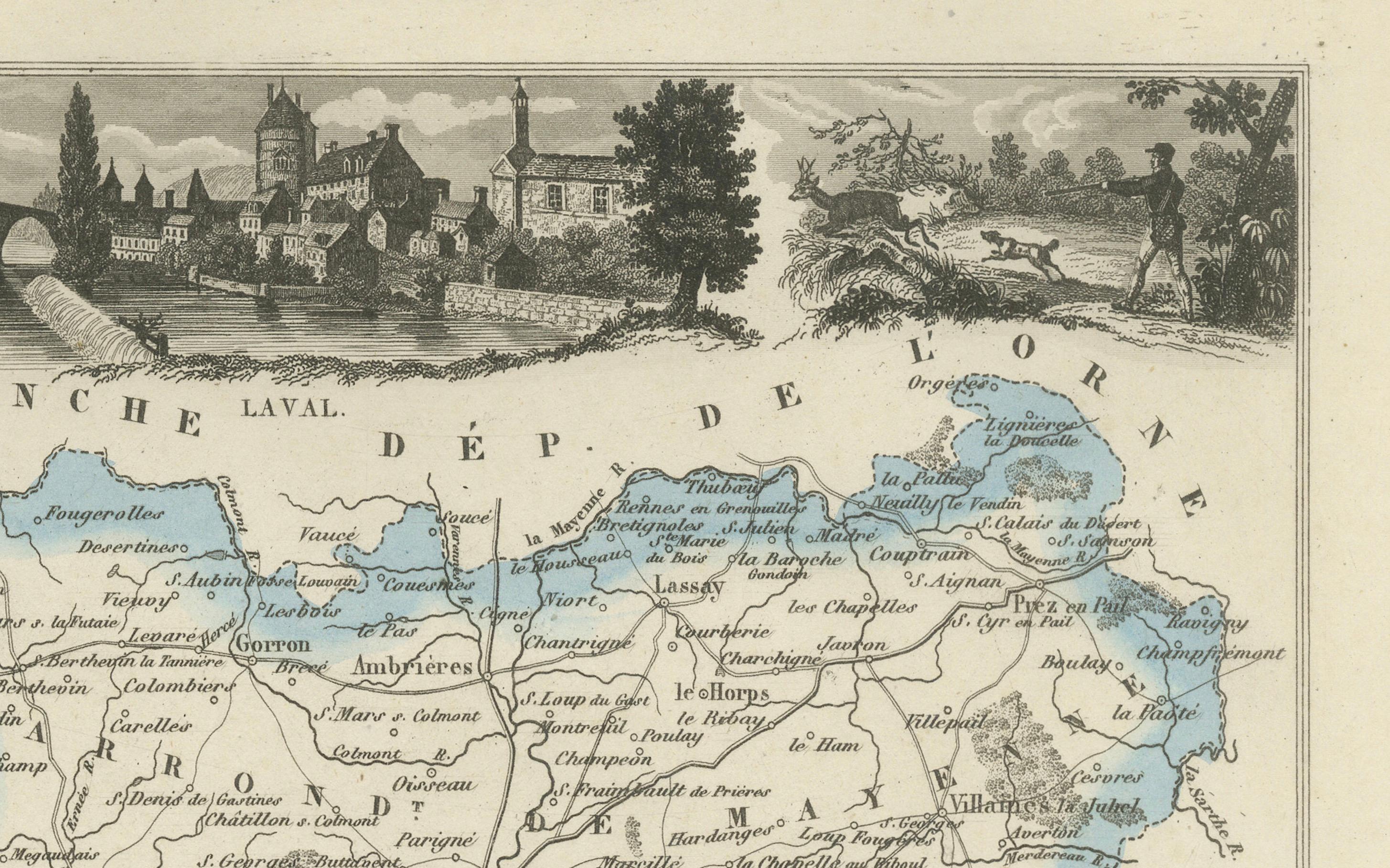 Carte ancienne de la Mayenne - Gravure coloriée à la main par Levasseur, France c.1850 Bon état - En vente à Langweer, NL