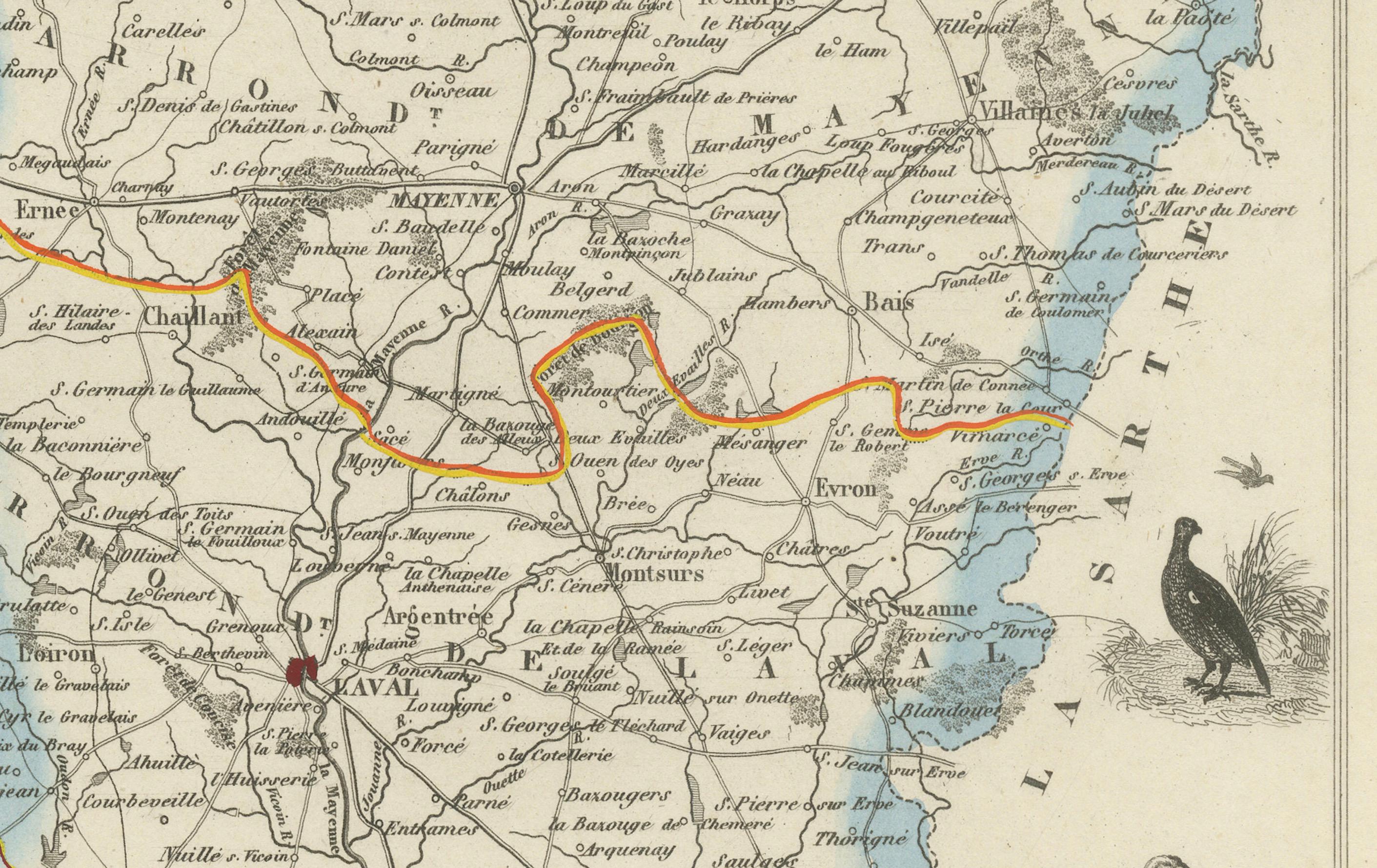 XIXe siècle Carte ancienne de la Mayenne - Gravure coloriée à la main par Levasseur, France c.1850 en vente