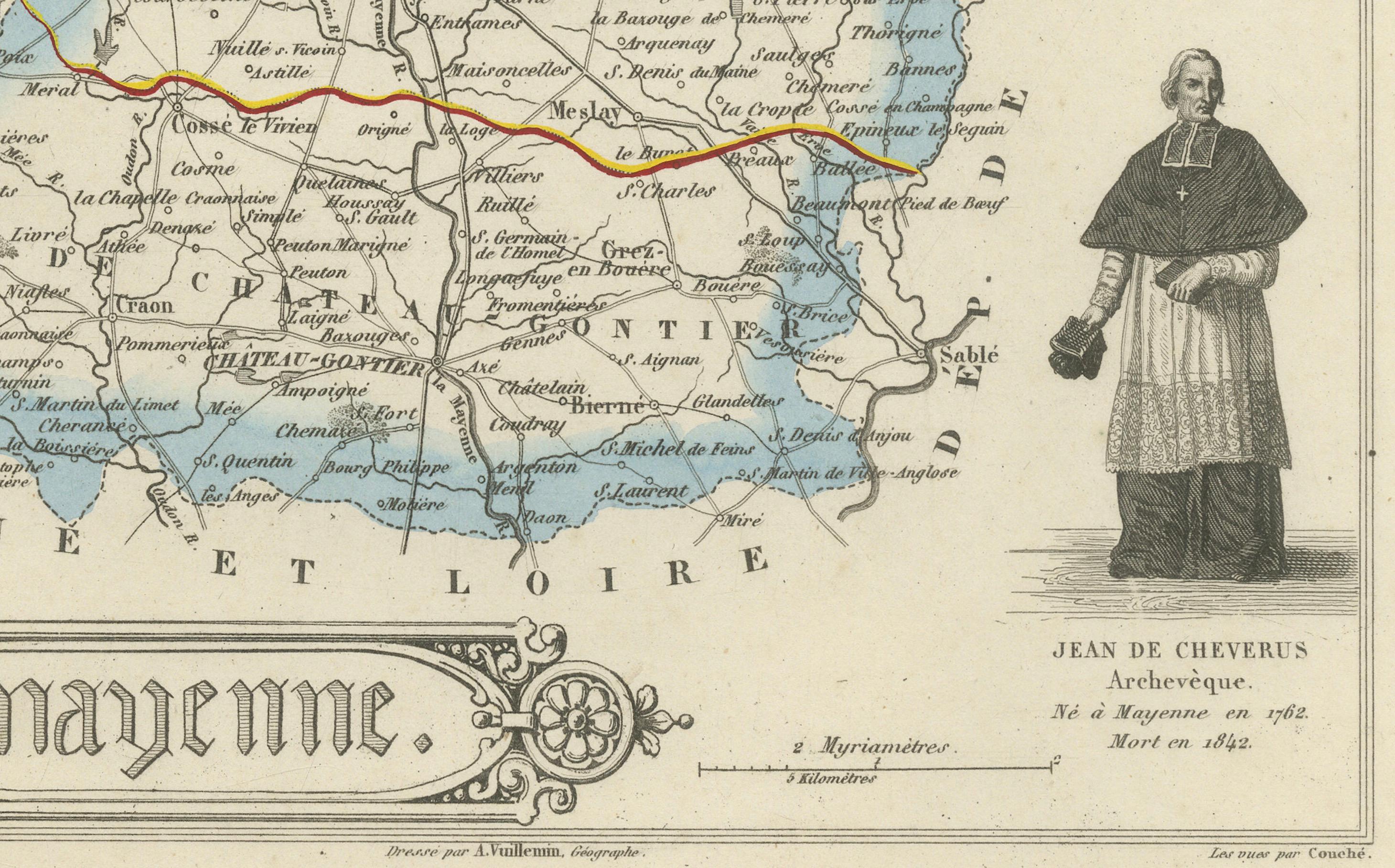 Papier Carte ancienne de la Mayenne - Gravure coloriée à la main par Levasseur, France c.1850 en vente