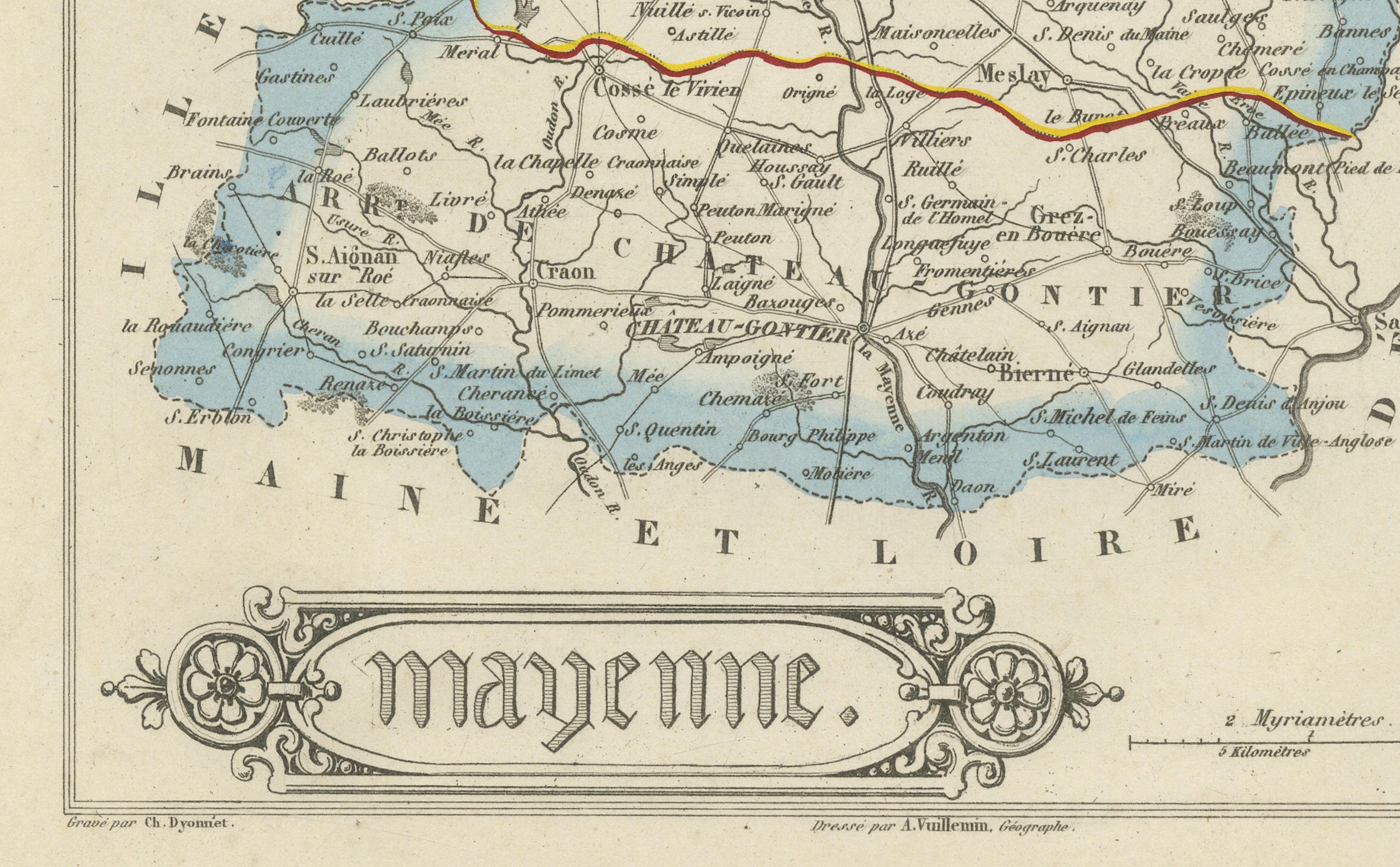 Carte ancienne de la Mayenne - Gravure coloriée à la main par Levasseur, France c.1850 en vente 1