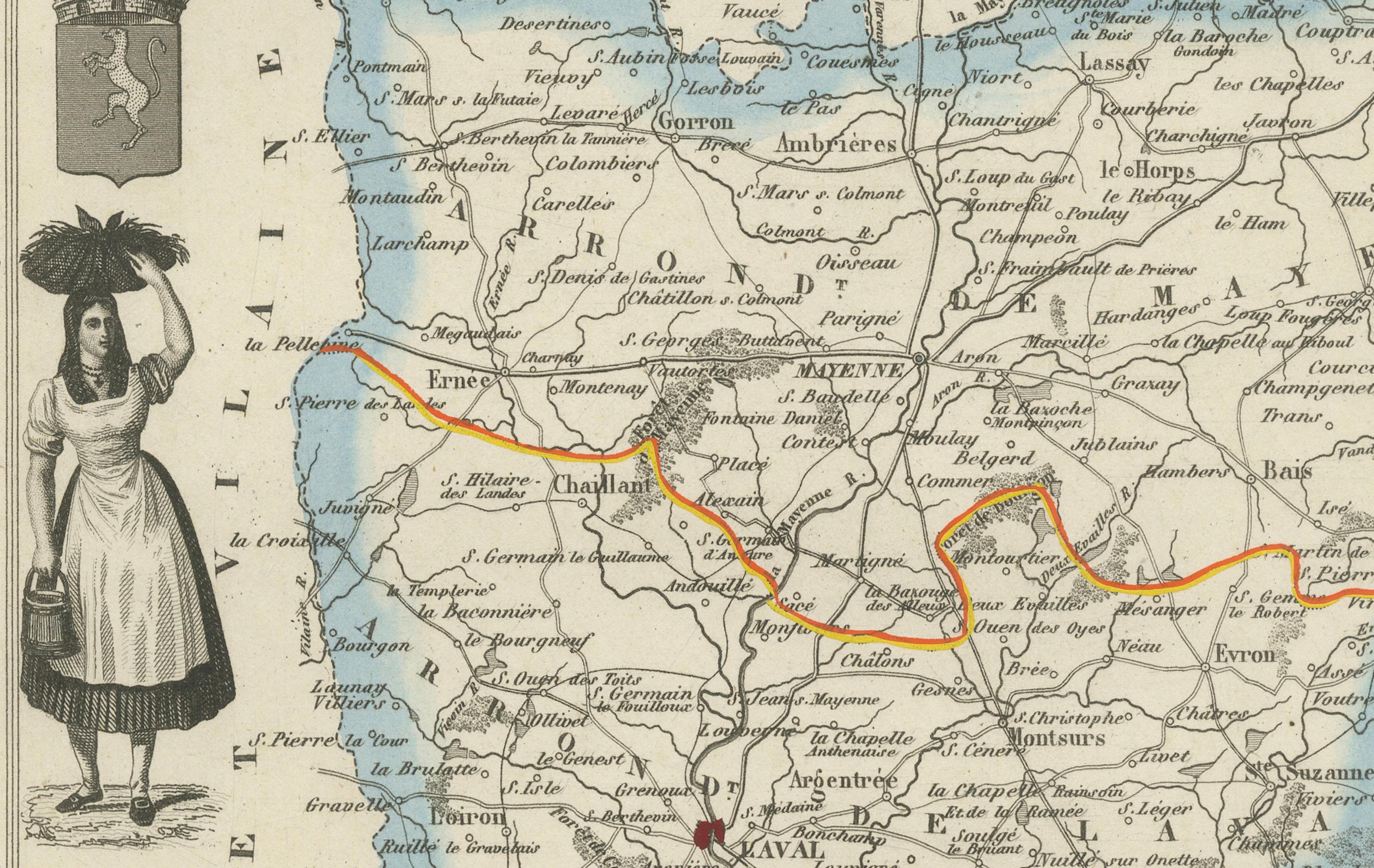 Carte ancienne de la Mayenne - Gravure coloriée à la main par Levasseur, France c.1850 en vente 2