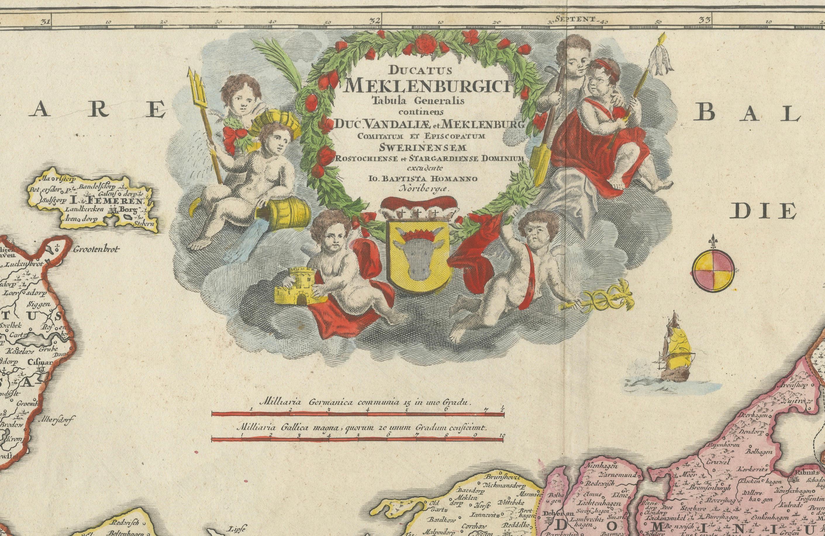 Early 18th Century Antique Map of Mecklenburg-Vorpommern in Germany by J.B. Homann, c.1720 For Sale