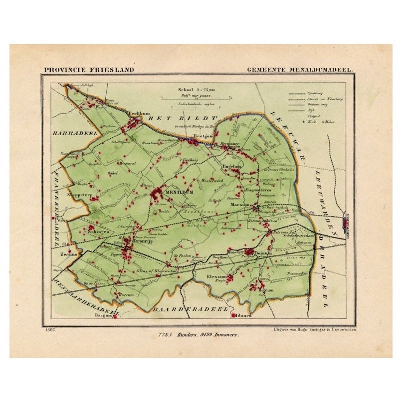 Carte ancienne de Menaldumadeel, ville du Pays de Friesland, Pays-Bas, 1868