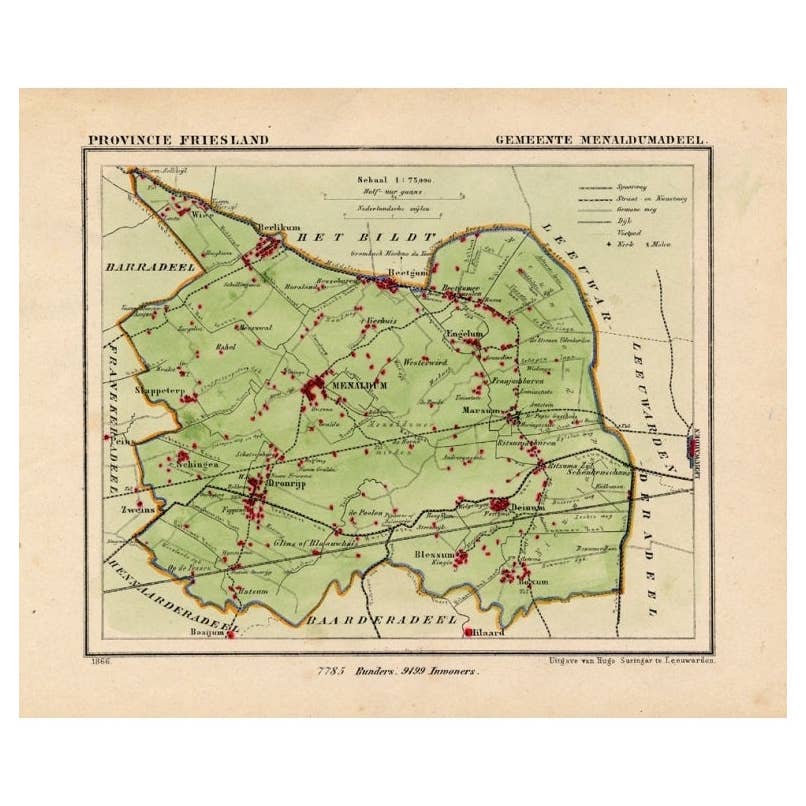 Antique Map of Menaldumadeel, Township in Friesland, The Netherlands, 1868