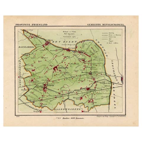 Antique Map of Menaldumadeel, Township in Friesland, The Netherlands, 1868