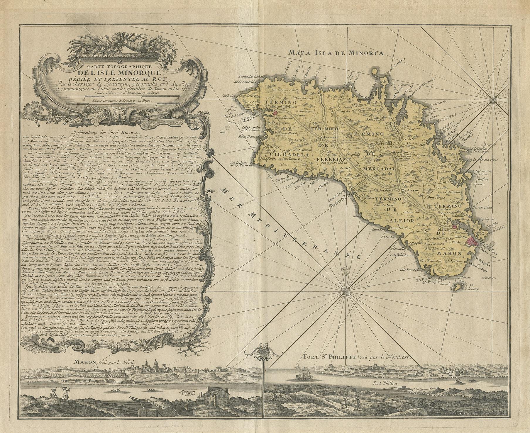 Antique map titled 'Carte Topographique de l'Isle Minorque'. Scarce decorative map of Menorca (or Minorca), with two gorgeous views of Mahon and Fort St. Phillipe at the bottom. Published by the Homann Heirs, 1757.