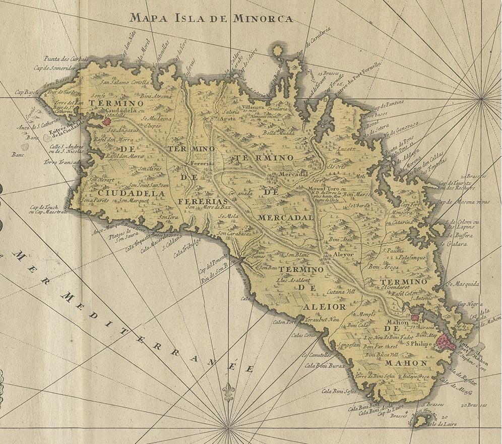 Carte ancienne de Menorca / Minorca par Homann Heirs '1757' État moyen - En vente à Langweer, NL
