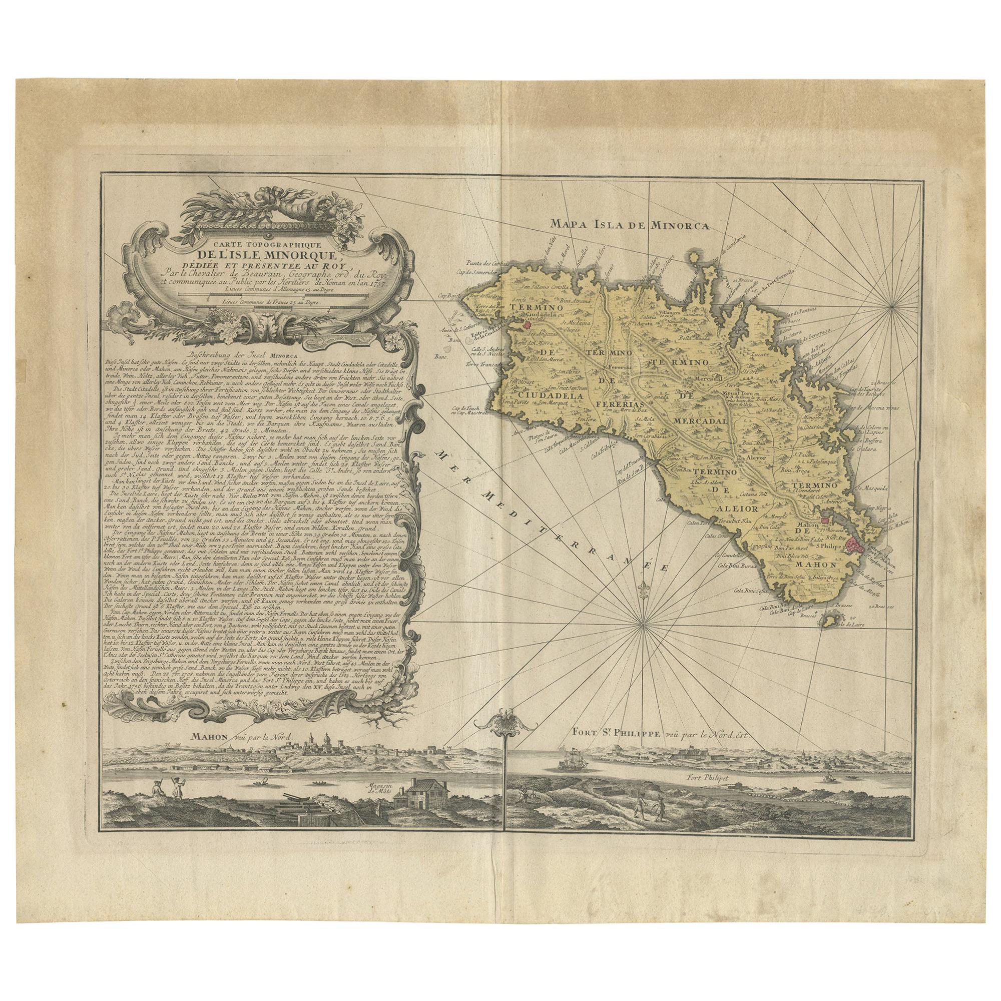 Carte ancienne de Menorca / Minorca par Homann Heirs '1757' en vente