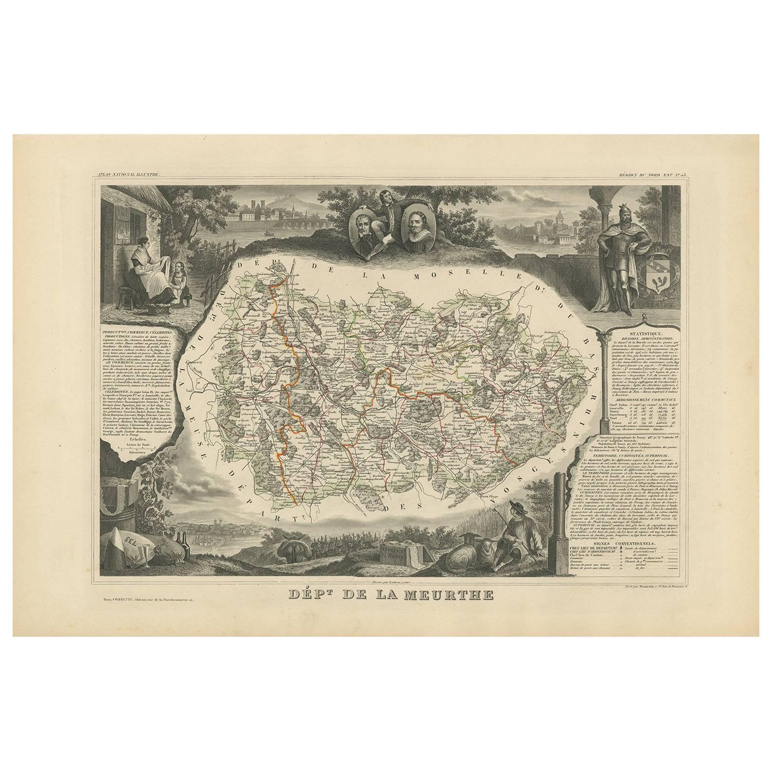 Antique Map of Meurthe ‘France’ by V. Levasseur, 1854 For Sale