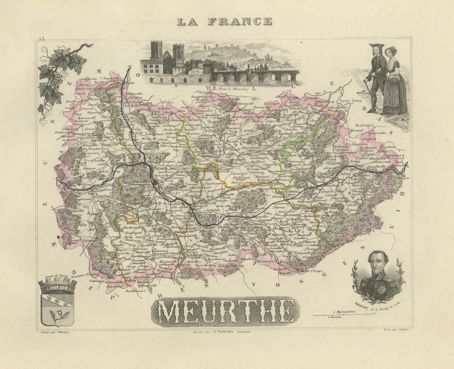 Antique Map of Meurthe by Vuillemin with 50 Notable Places, France c.1850

Description:
This finely detailed and beautifully illustrated antique map of the Meurthe department in northeastern France was drawn by the French cartographer Alexandre