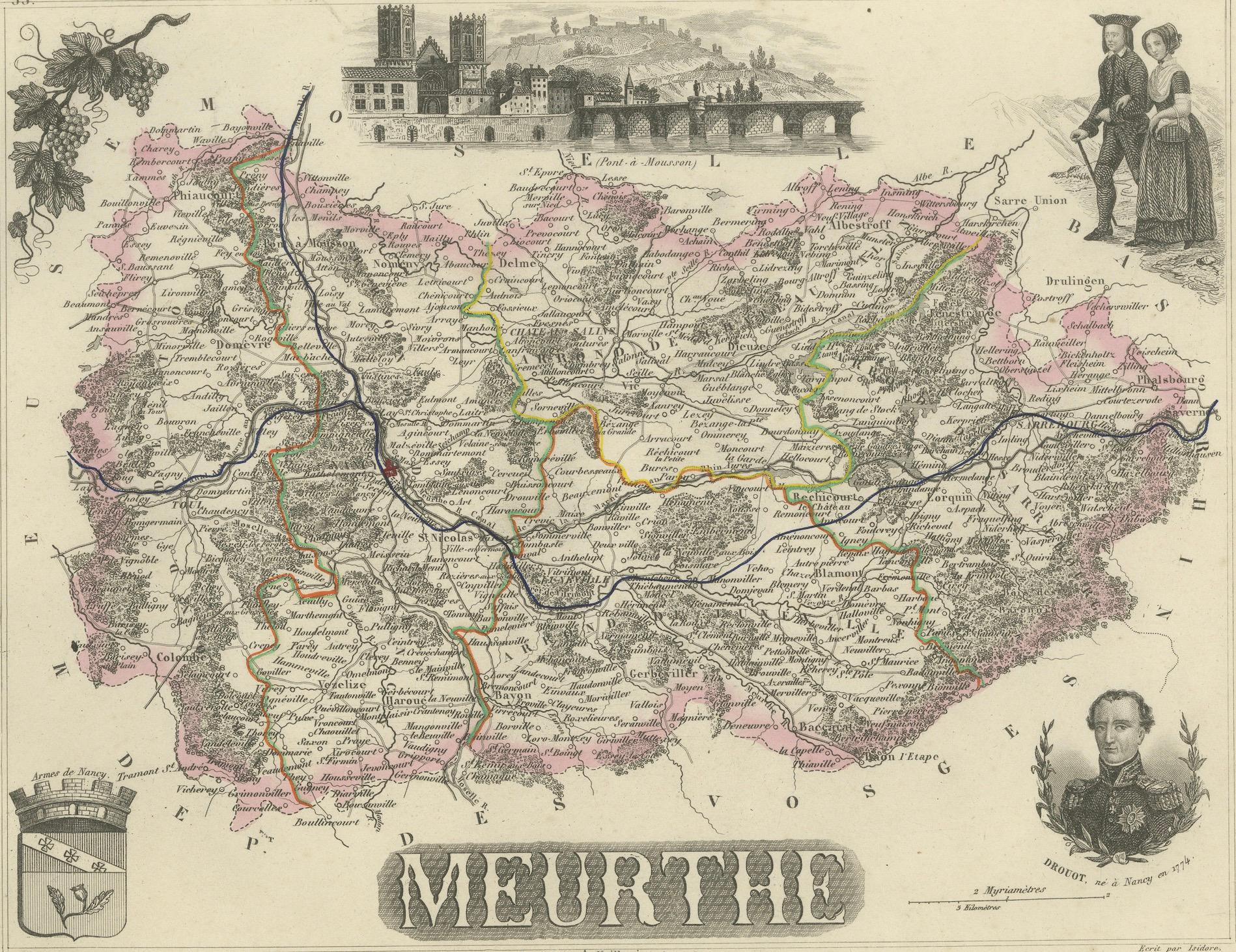 French Antique Map of Meurthe, France – Hand-Colored by Vuillemin, c.1850 For Sale