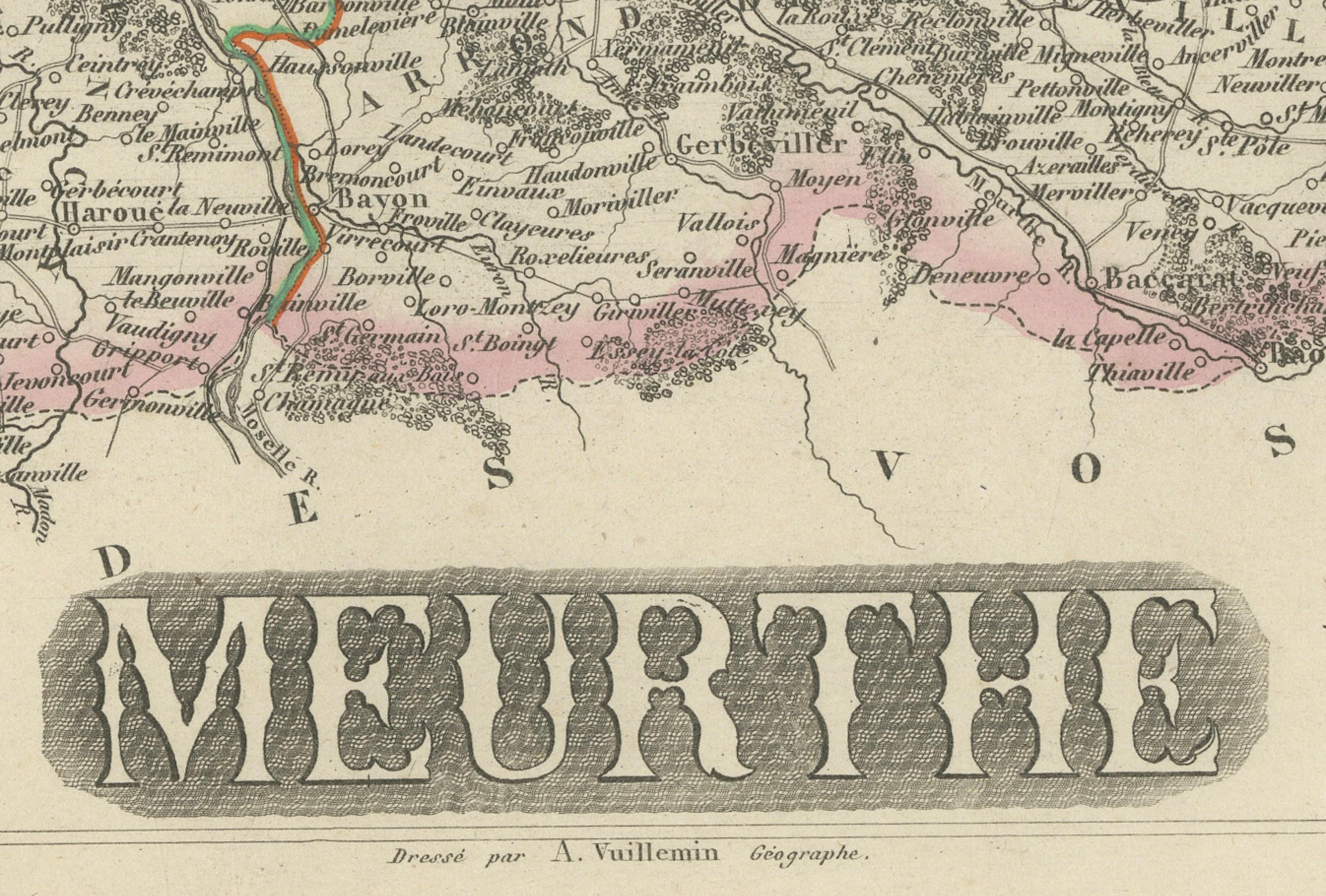 Paper Antique Map of Meurthe, France – Hand-Colored by Vuillemin, c.1850 For Sale