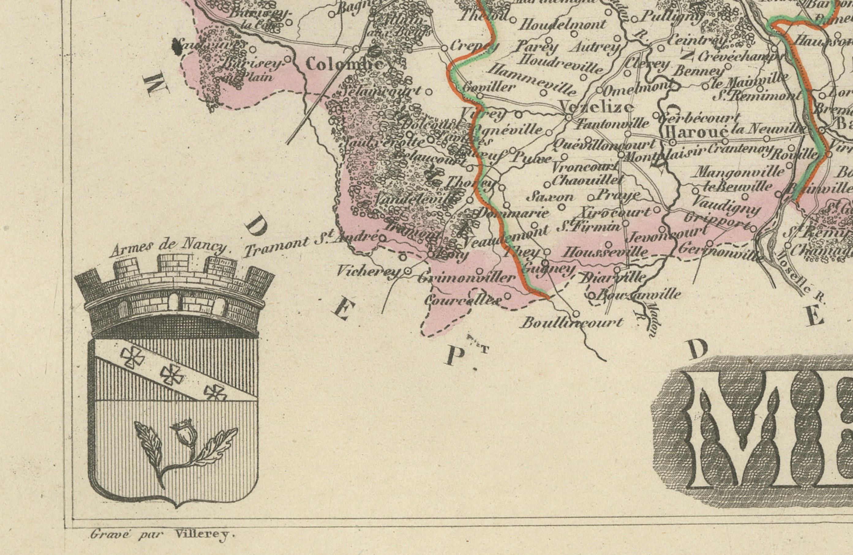 Antique Map of Meurthe, France – Hand-Colored by Vuillemin, c.1850 For Sale 1