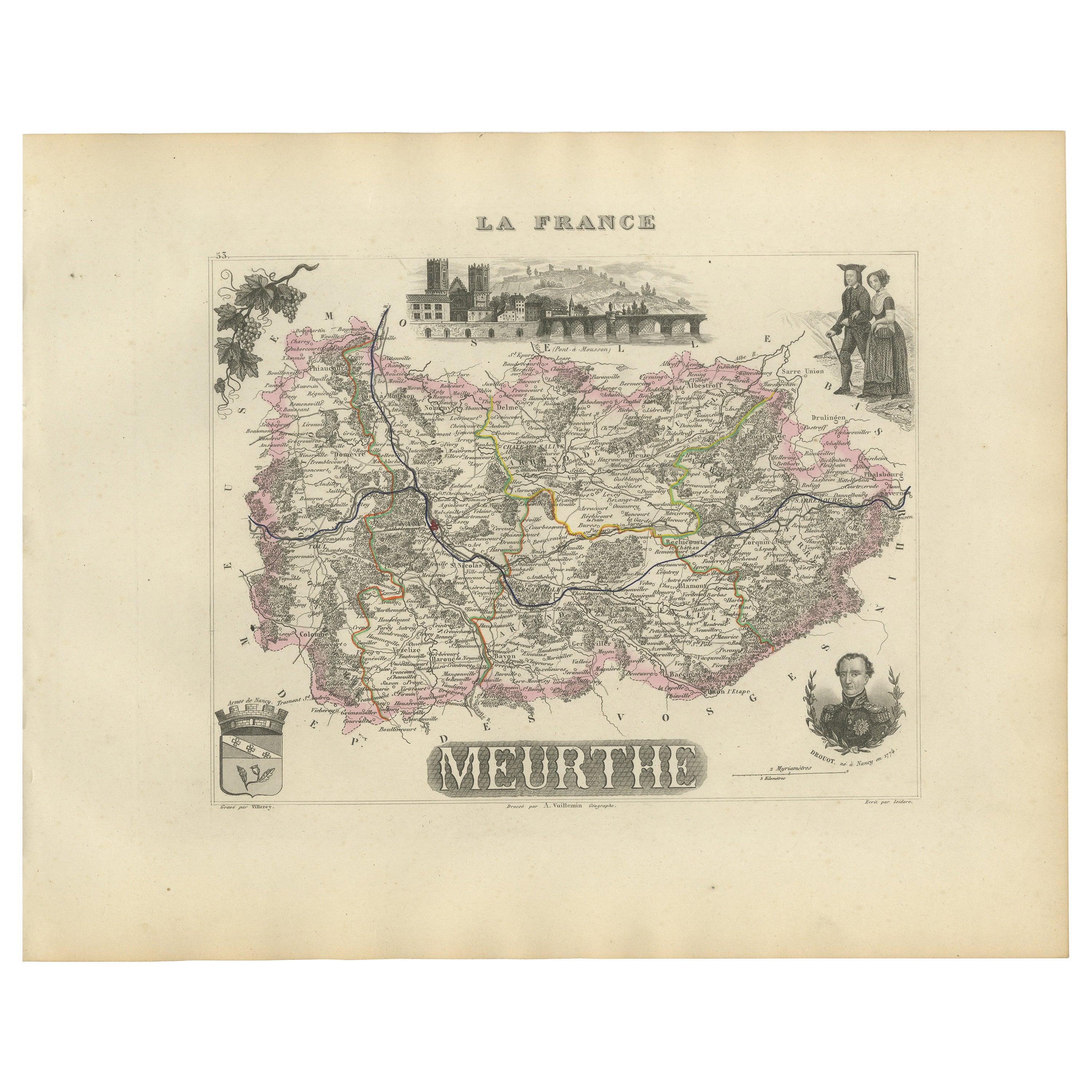 Antique Map of Meurthe, France – Hand-Colored by Vuillemin, c.1850 For Sale