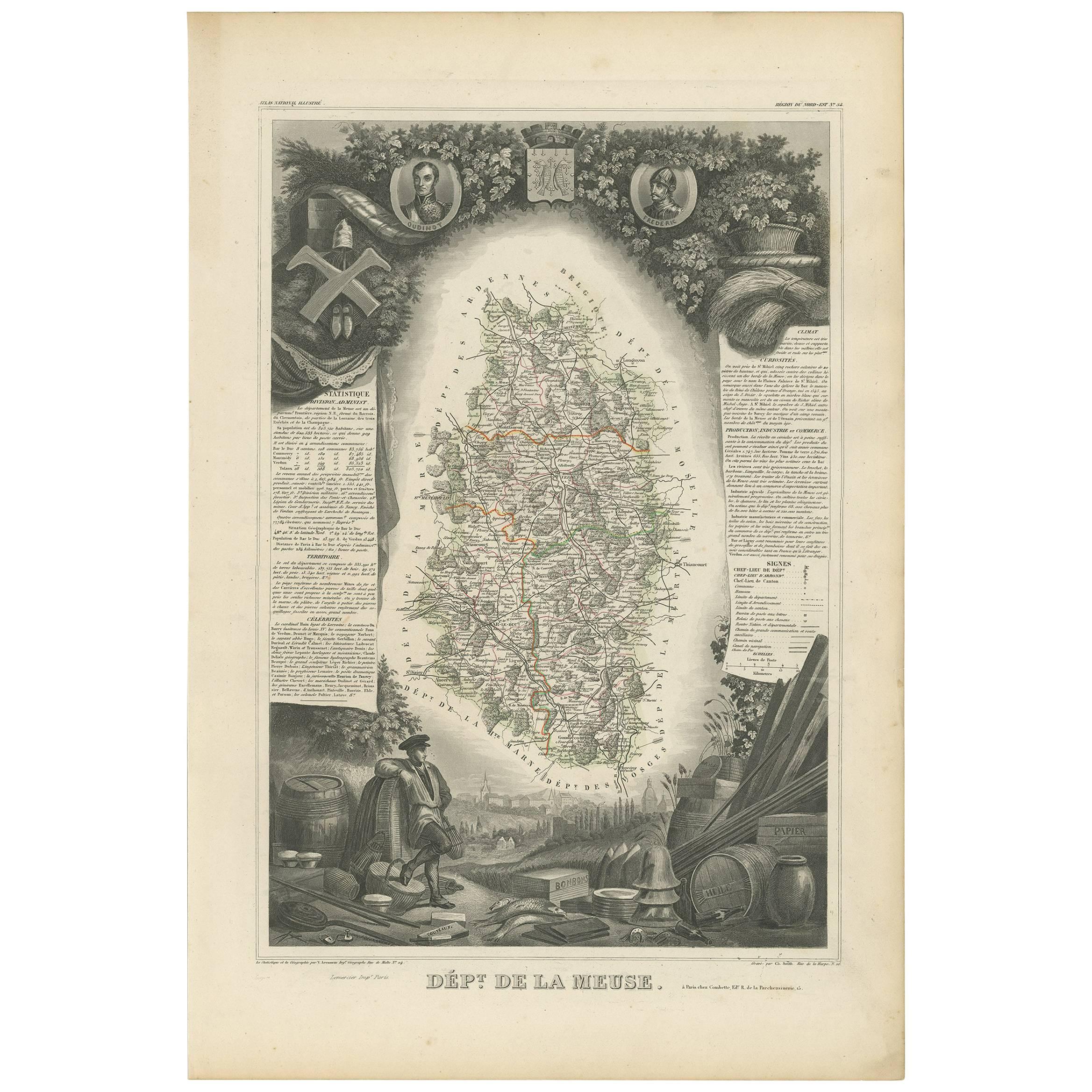 Antique Map of Meuse ‘France’ by V. Levasseur, 1854 For Sale