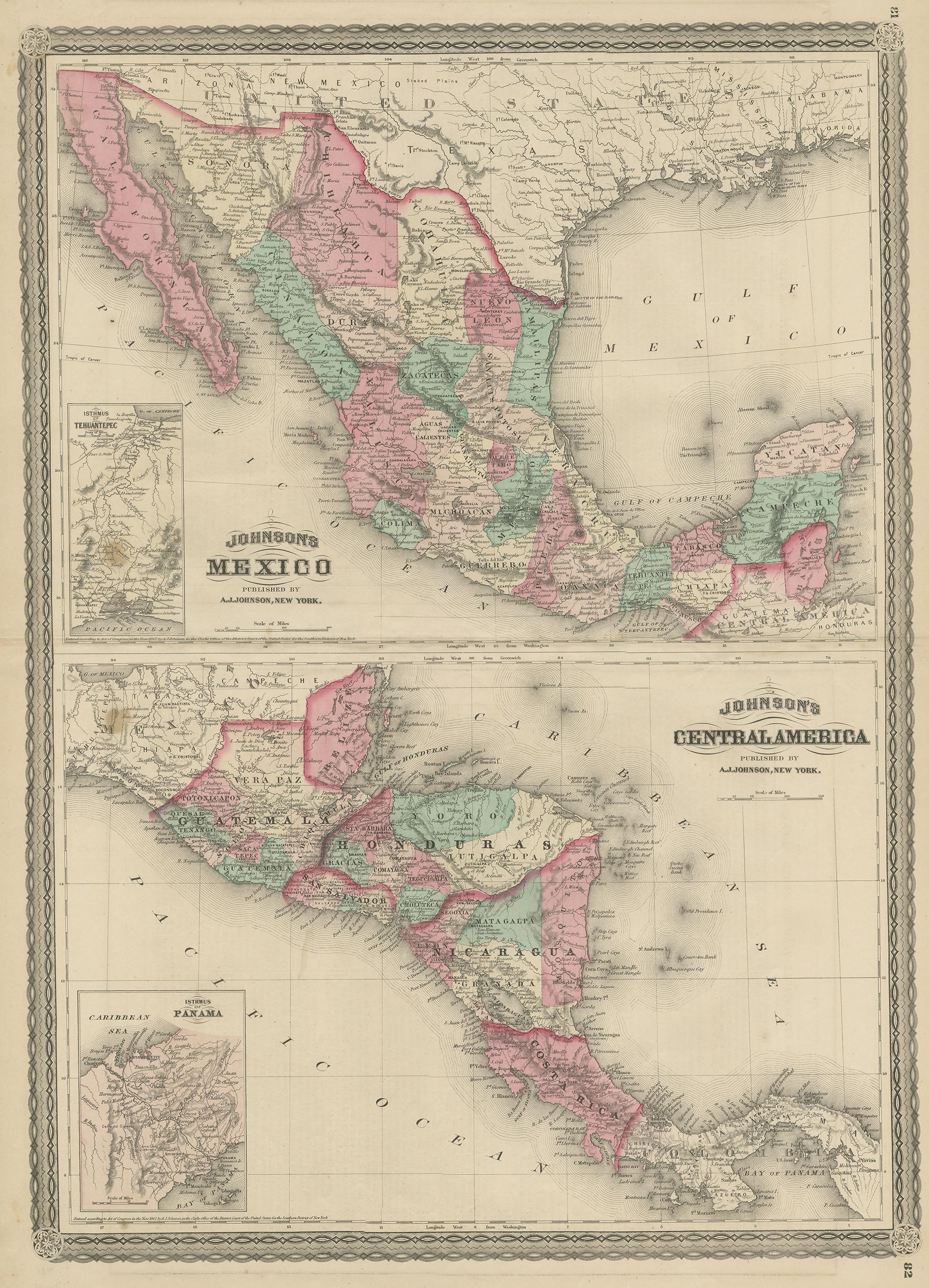 Antike Karte mit dem Titel 'Johnson's Mexico (..)'. Zwei Karten auf einem Blatt, die Mexiko und Zentralamerika zeigen, mit Einlegekarten von Tehuantepec und Panama. Diese Karte stammt aus 