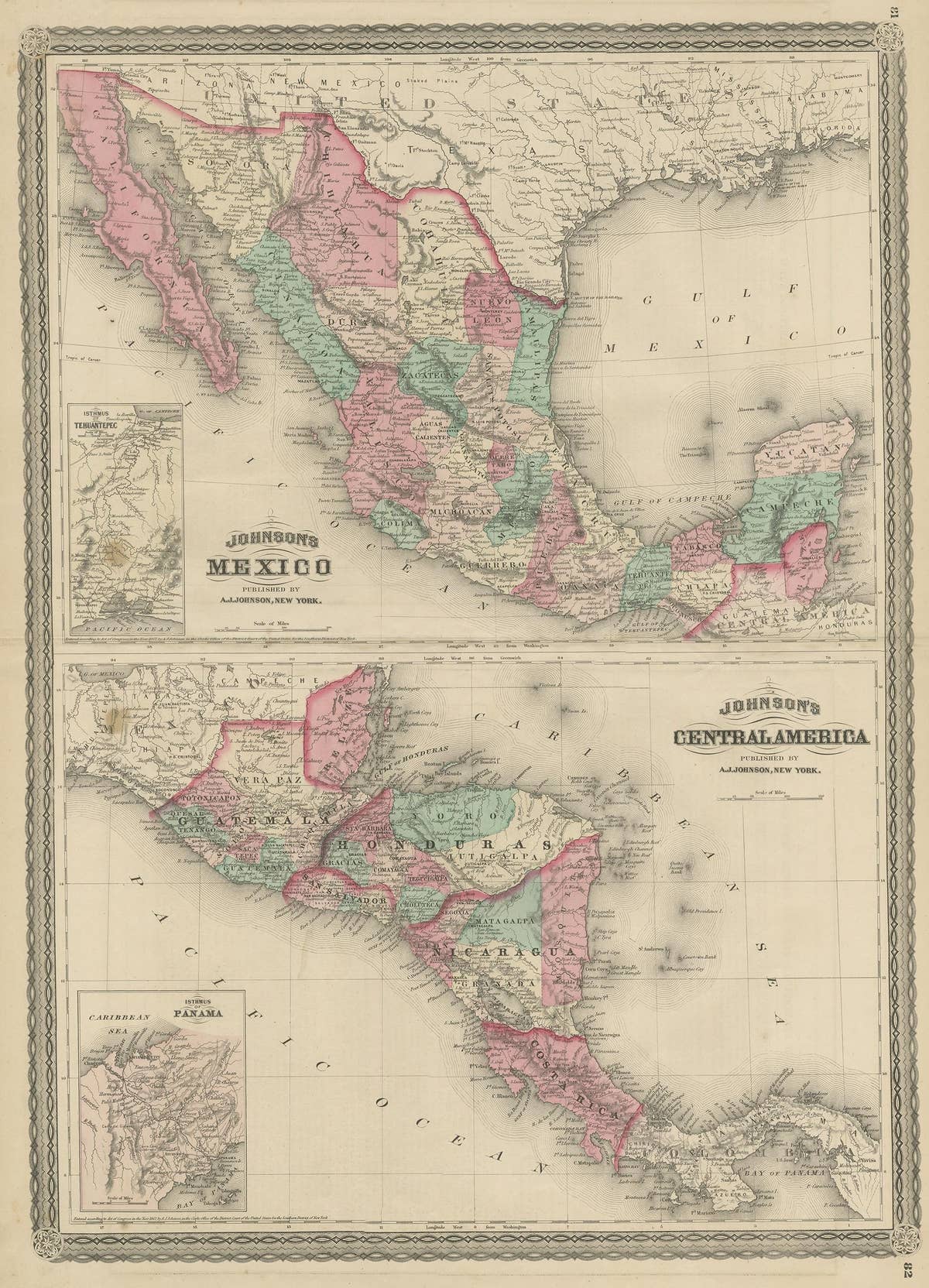 Antique Map of Mexico and Central America by Johnson '1872'