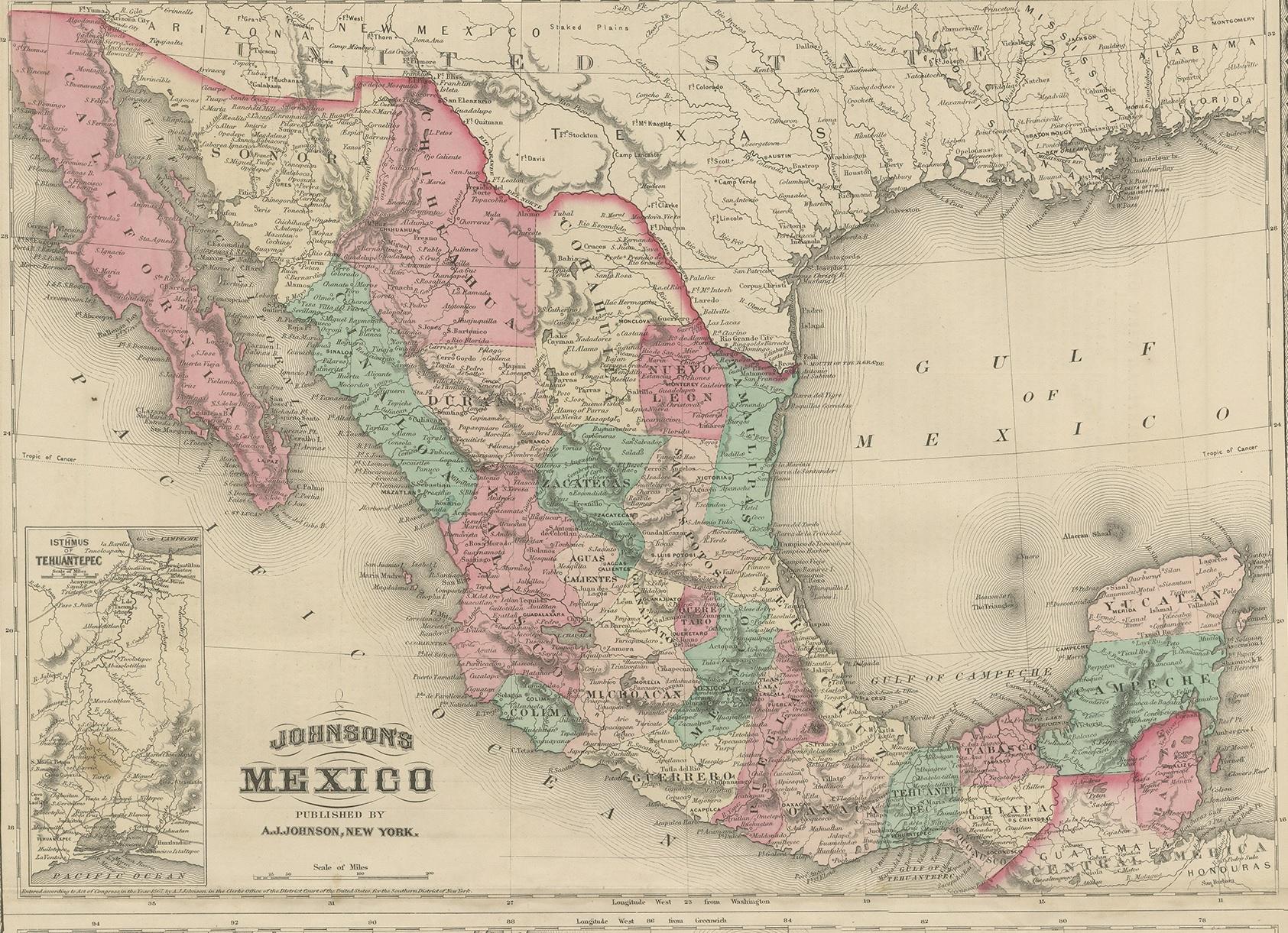 Antike Karte von Mexiko und Zentralamerika von Johnson '1872' im Zustand „Relativ gut“ im Angebot in Langweer, NL