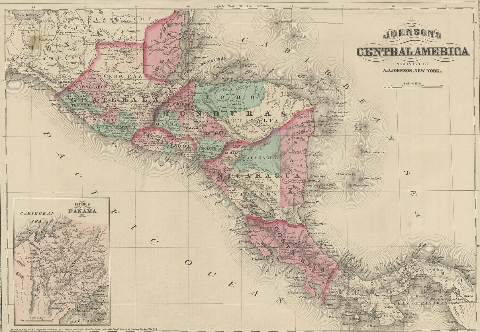 Antike Karte von Mexiko und Zentralamerika von Johnson '1872' (19. Jahrhundert) im Angebot