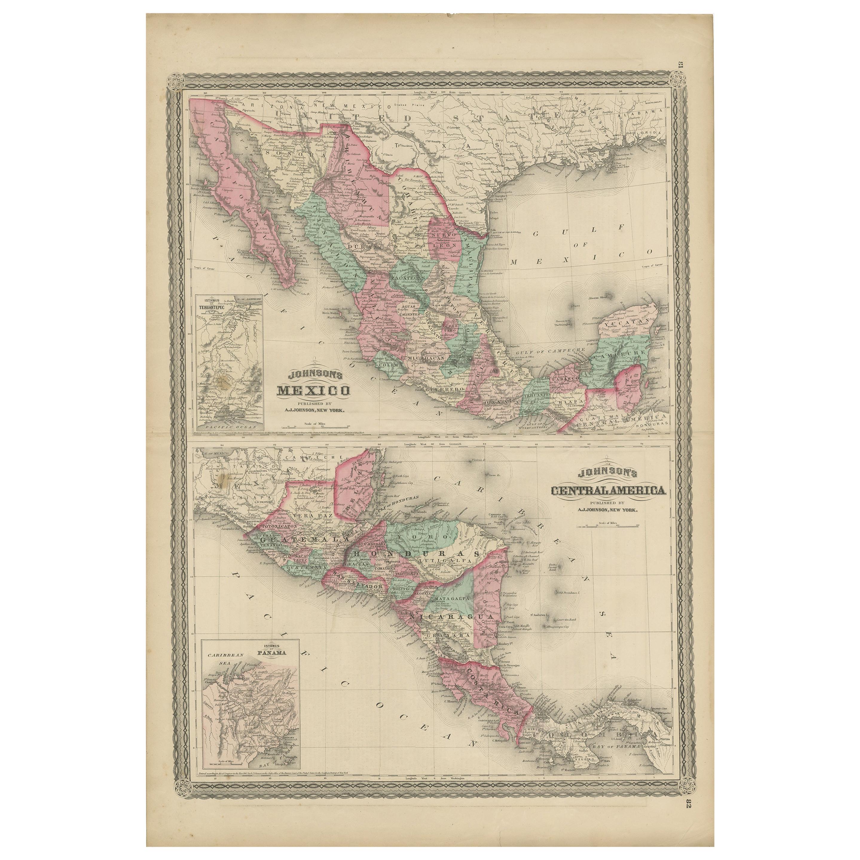 Antike Karte von Mexiko und Zentralamerika von Johnson '1872' im Angebot