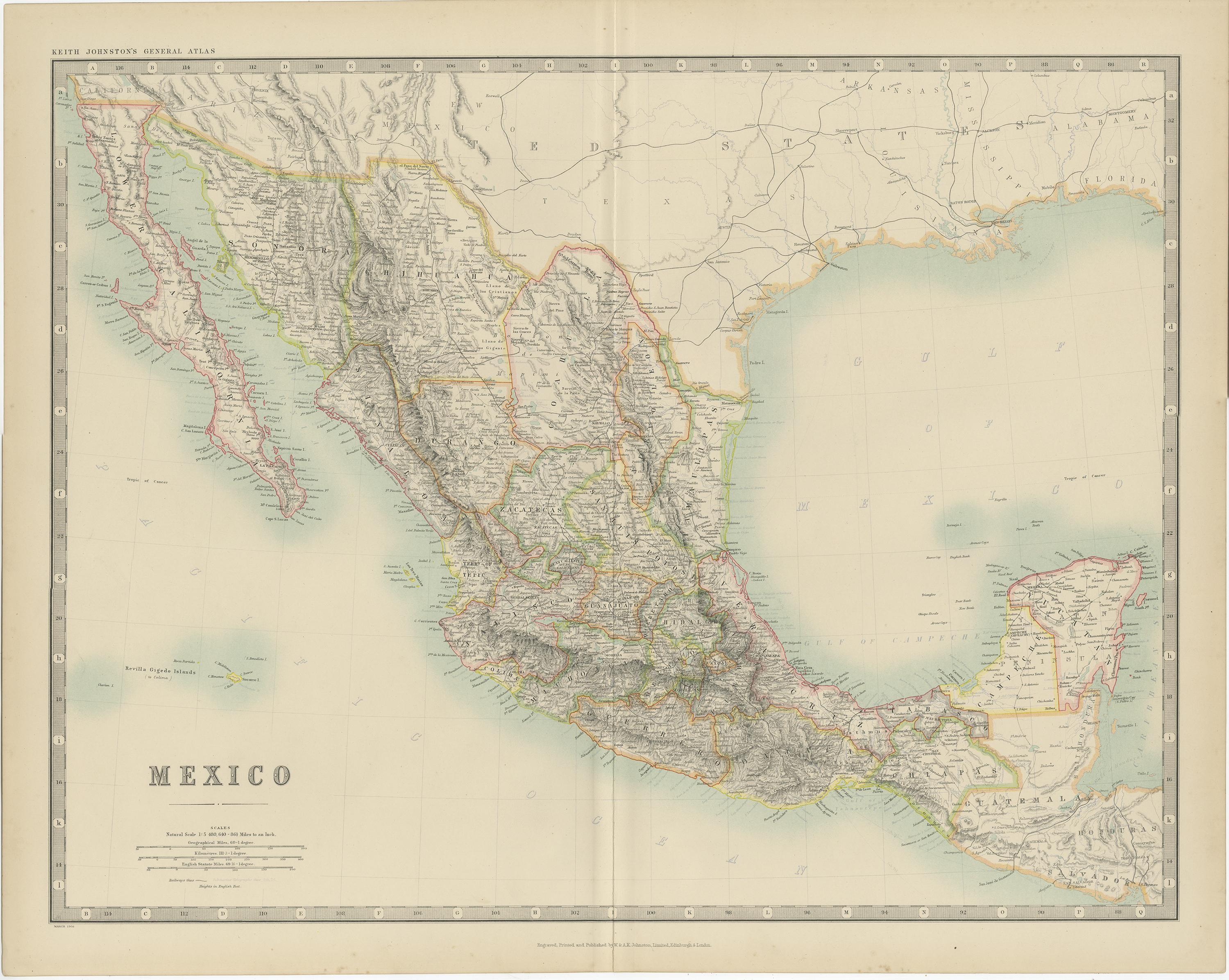 Antique map titled 'Mexico'. Original antique map of Mexico. This map originates from the ‘Royal Atlas of Modern Geography’. Published by W. & A.K. Johnston, 1909.