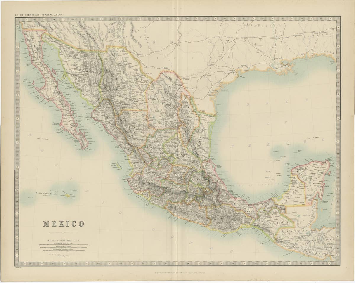 Antique Map of Mexico by Johnston, '1909'