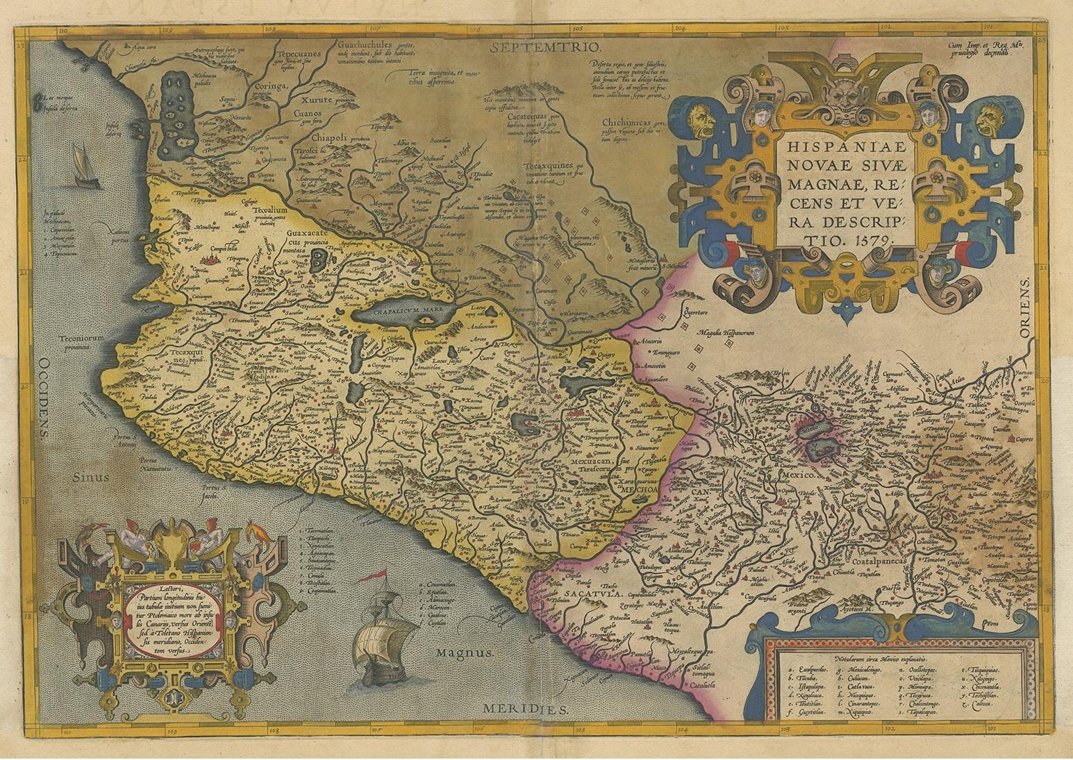 Antique map titled 'Hispaniae Novae Sivae Magnae Recens Et Vera Descriptio 1579'. Map of western New Spain, showing the recently-created Spanish settlements, many rivers, and large lakes, including Lake Chapala and a mythical sea with islands in the