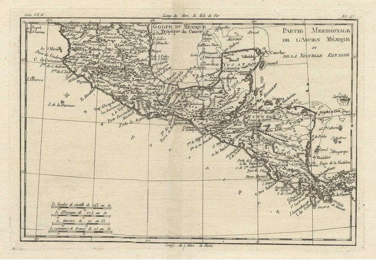 Antique map titled 'Partie Meridionale, de L'Ancien Mexique ou de la Nouvelle Espagne.' Detailed map of Mexico, the Yucatan and Central America, prepared under the direction of Rigobert Bonne.