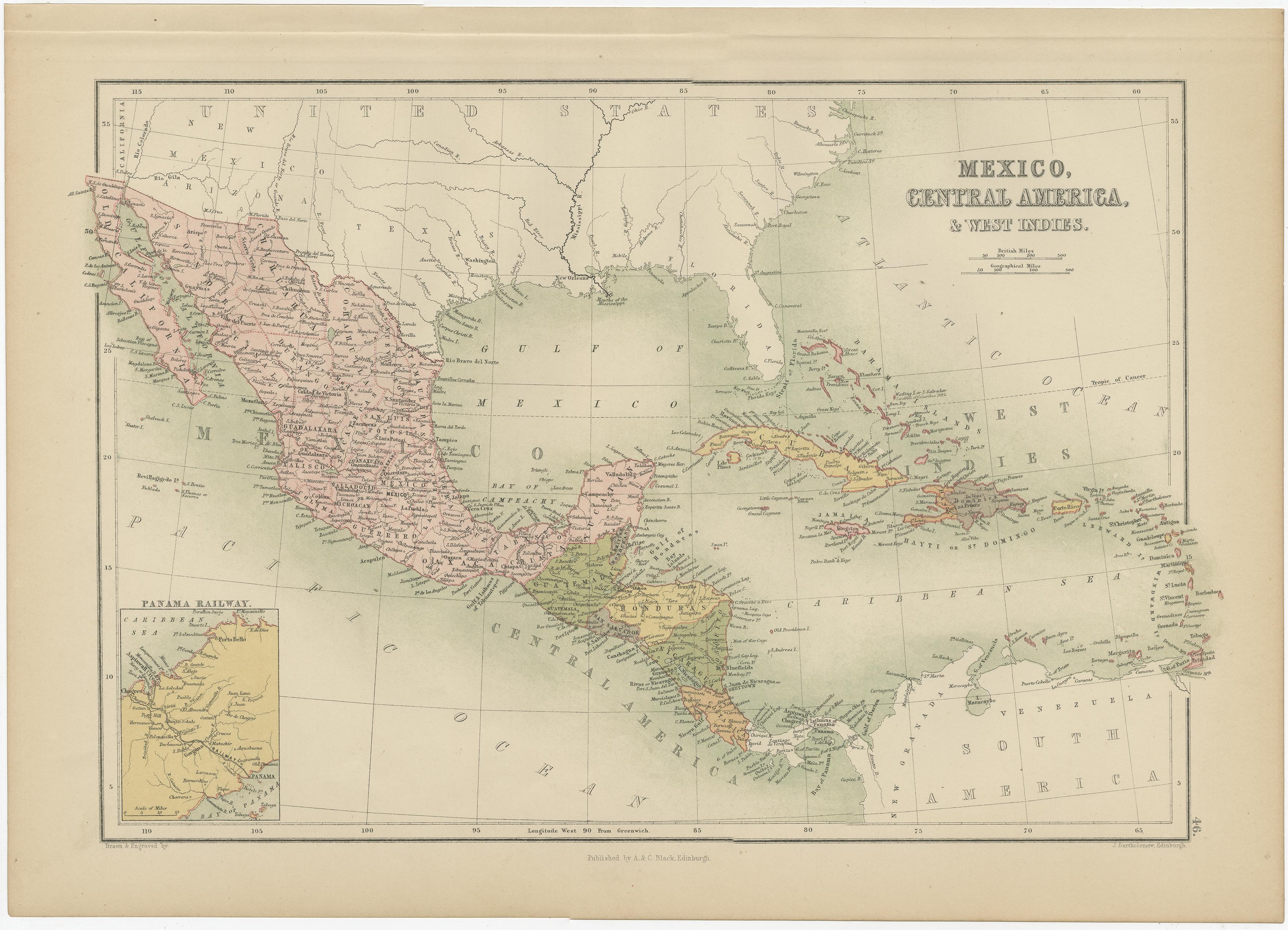 Antike Karte mit dem Titel 'Mexiko, Mittelamerika und Westindien'. Originale antike Karte von Mexiko, Mittelamerika und Westindien mit eingelegter Karte der Panama-Eisenbahn. Diese Karte stammt aus dem 