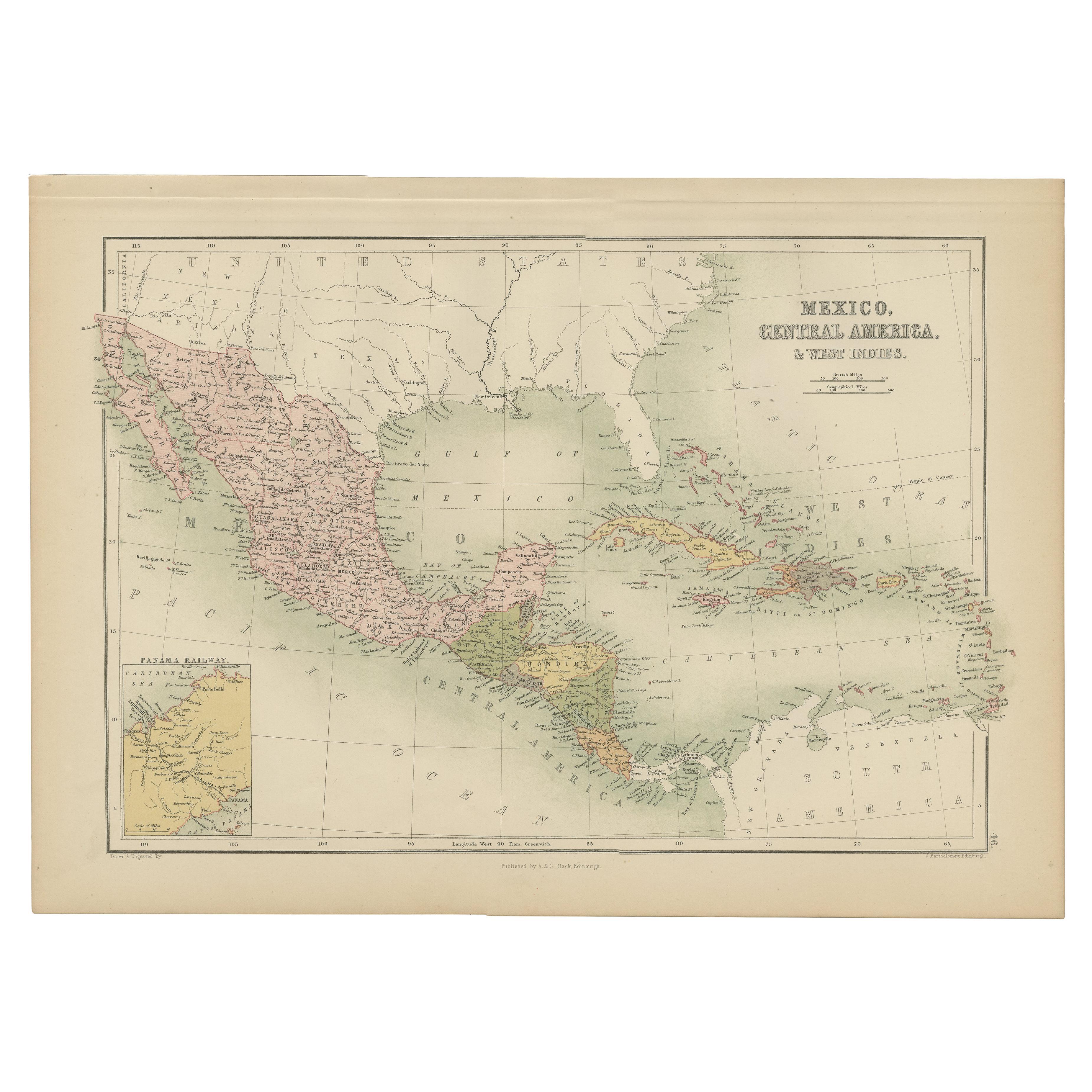 Carte ancienne du Mexique, d'Amérique centrale et des Indes occidentales par A & C. Black, 1870 en vente