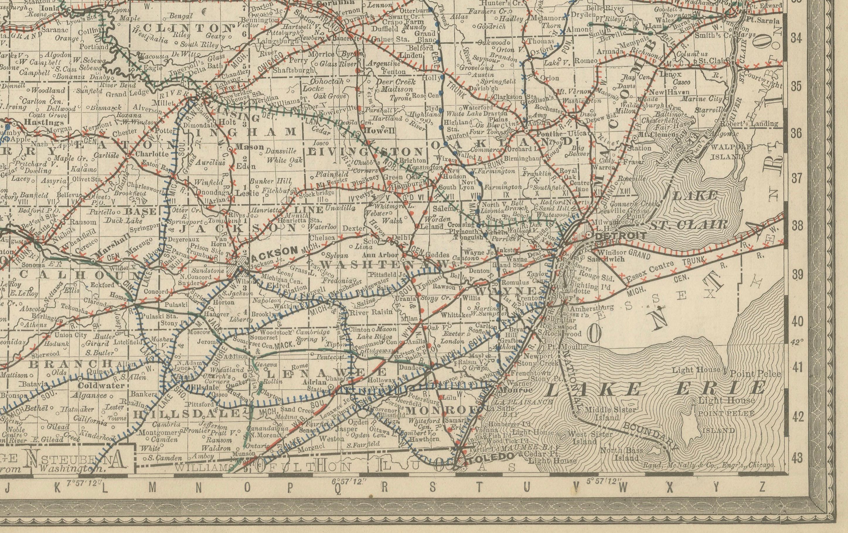 American Antique Map of Michigan – The Wolverine State with Railroads & Counties, 1888 For Sale