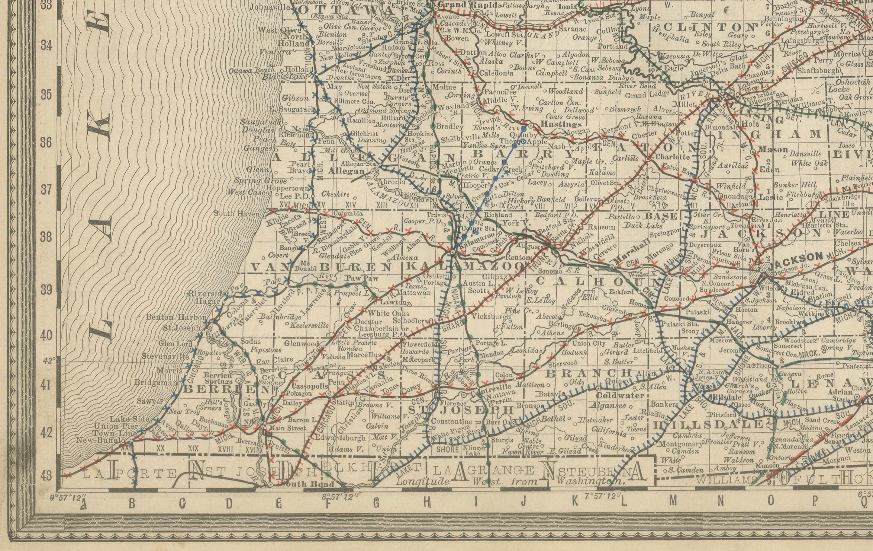 Engraved Antique Map of Michigan – The Wolverine State with Railroads & Counties, 1888 For Sale